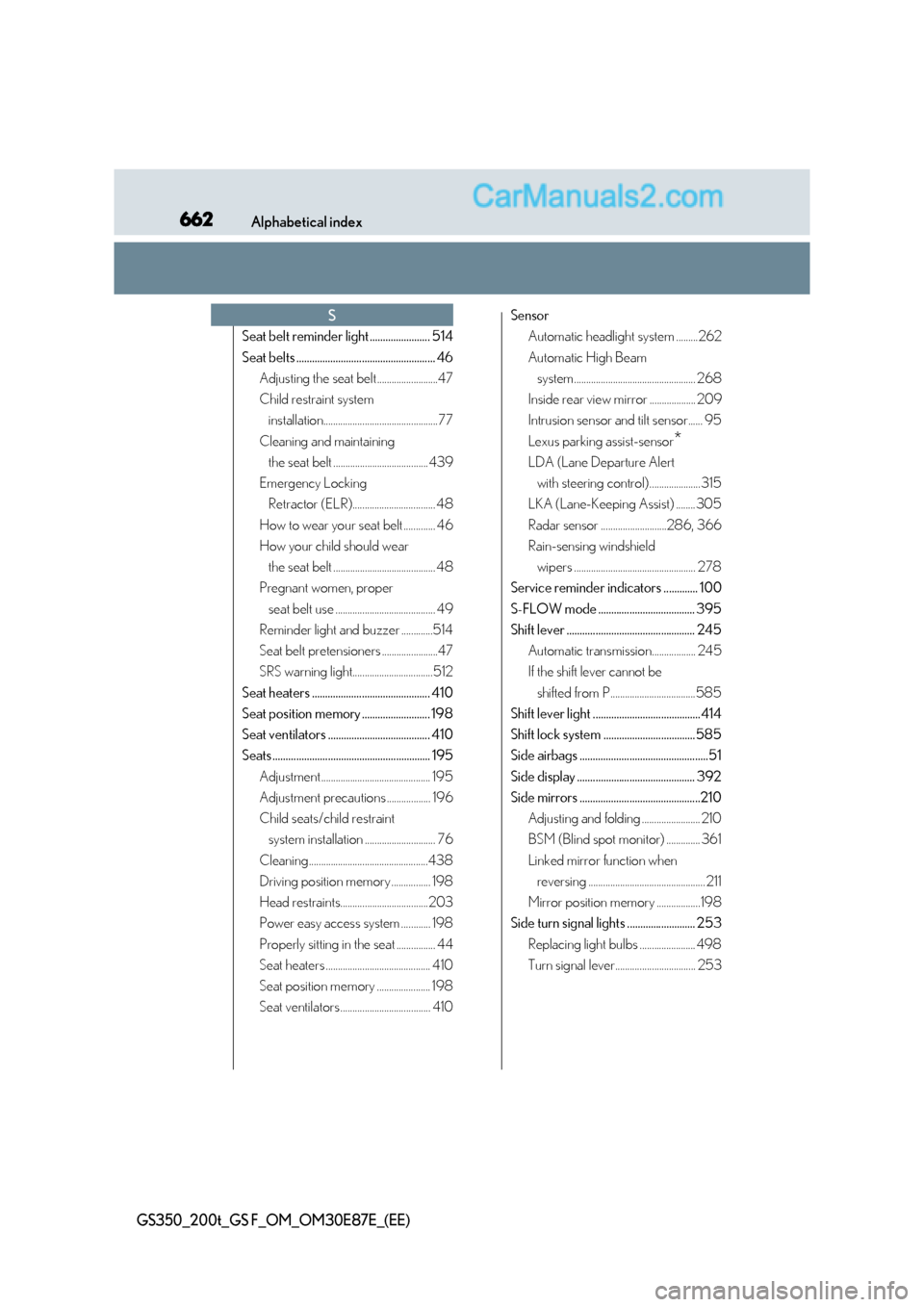 Lexus GS F 2015  Owners Manuals 662Alphabetical index
GS350_200t_GS F_OM_OM30E87E_(EE)
Seat belt reminder light ....................... 514
Seat belts ..................................................... 46Adjusting the seat belt .