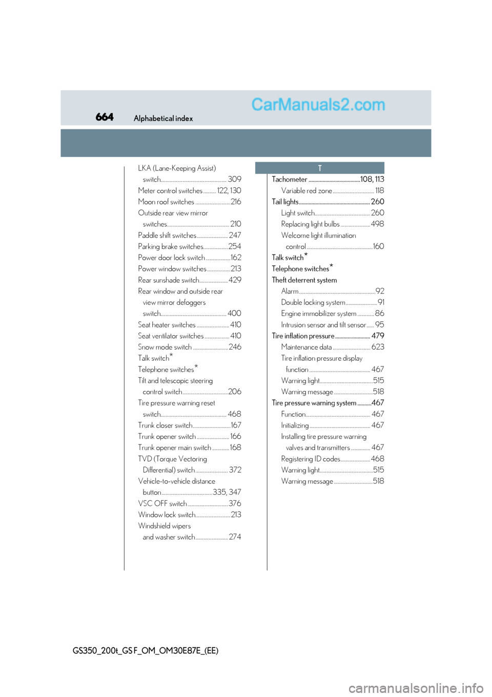Lexus GS F 2015  Owners Manuals 664Alphabetical index
GS350_200t_GS F_OM_OM30E87E_(EE)
LKA (Lane-Keeping Assist) switch................................................... 309
Meter control switches .......... 122, 130
Moon roof swit