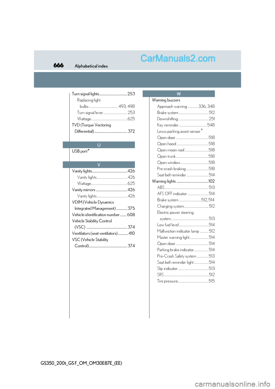 Lexus GS F 2015  Owners Manuals 666Alphabetical index
GS350_200t_GS F_OM_OM30E87E_(EE)
Turn signal lights.................................... 253Replacing light 
bulbs ........................................ 493, 498
Turn signal le