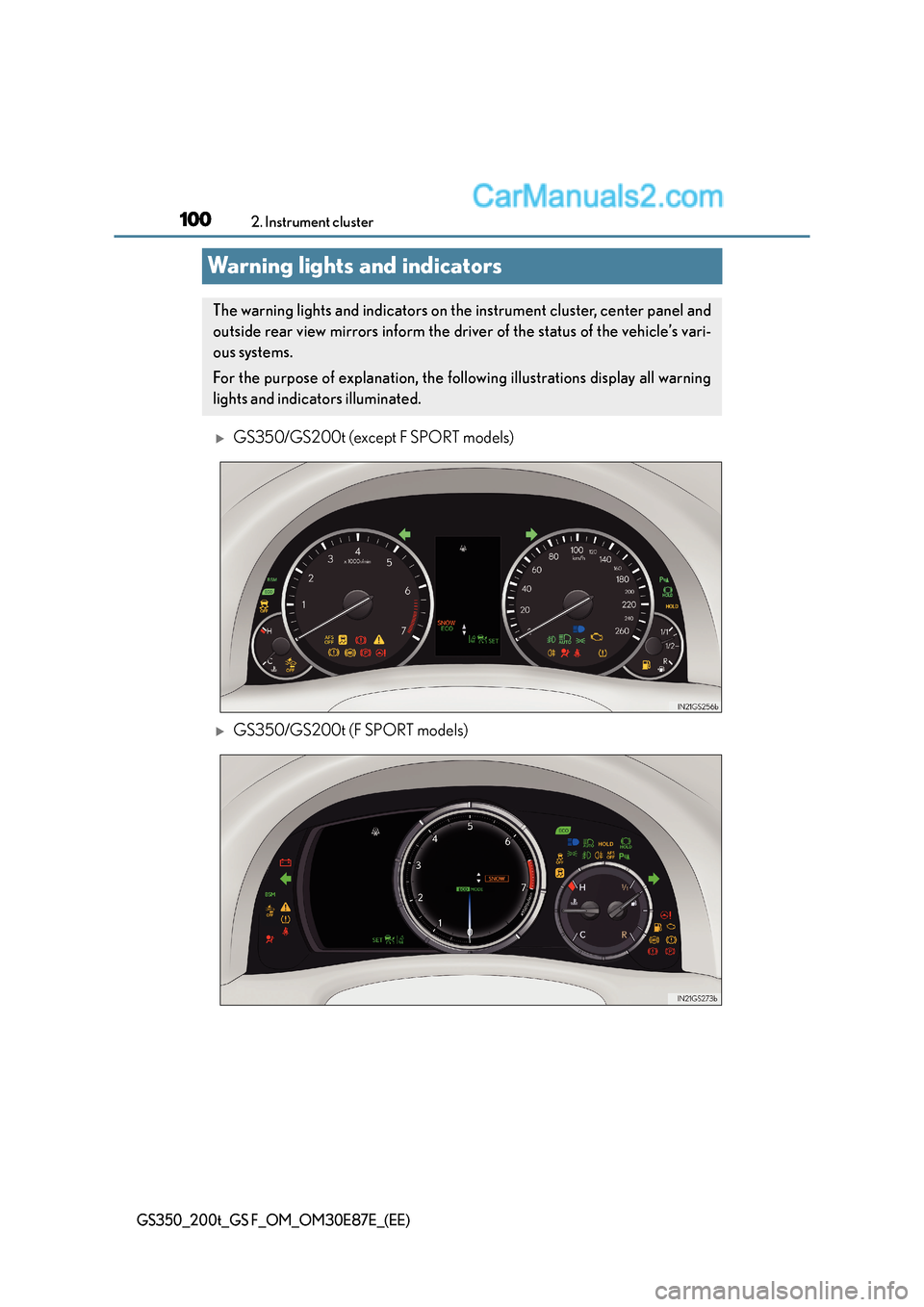 Lexus GS F 2015  s User Guide 1002. Instrument cluster
GS350_200t_GS F_OM_OM30E87E_(EE)
Warning lights and indicators
�XGS350/GS200t (except F SPORT models)
�XGS350/GS200t (F SPORT models)
The warning lights and indicators on the 