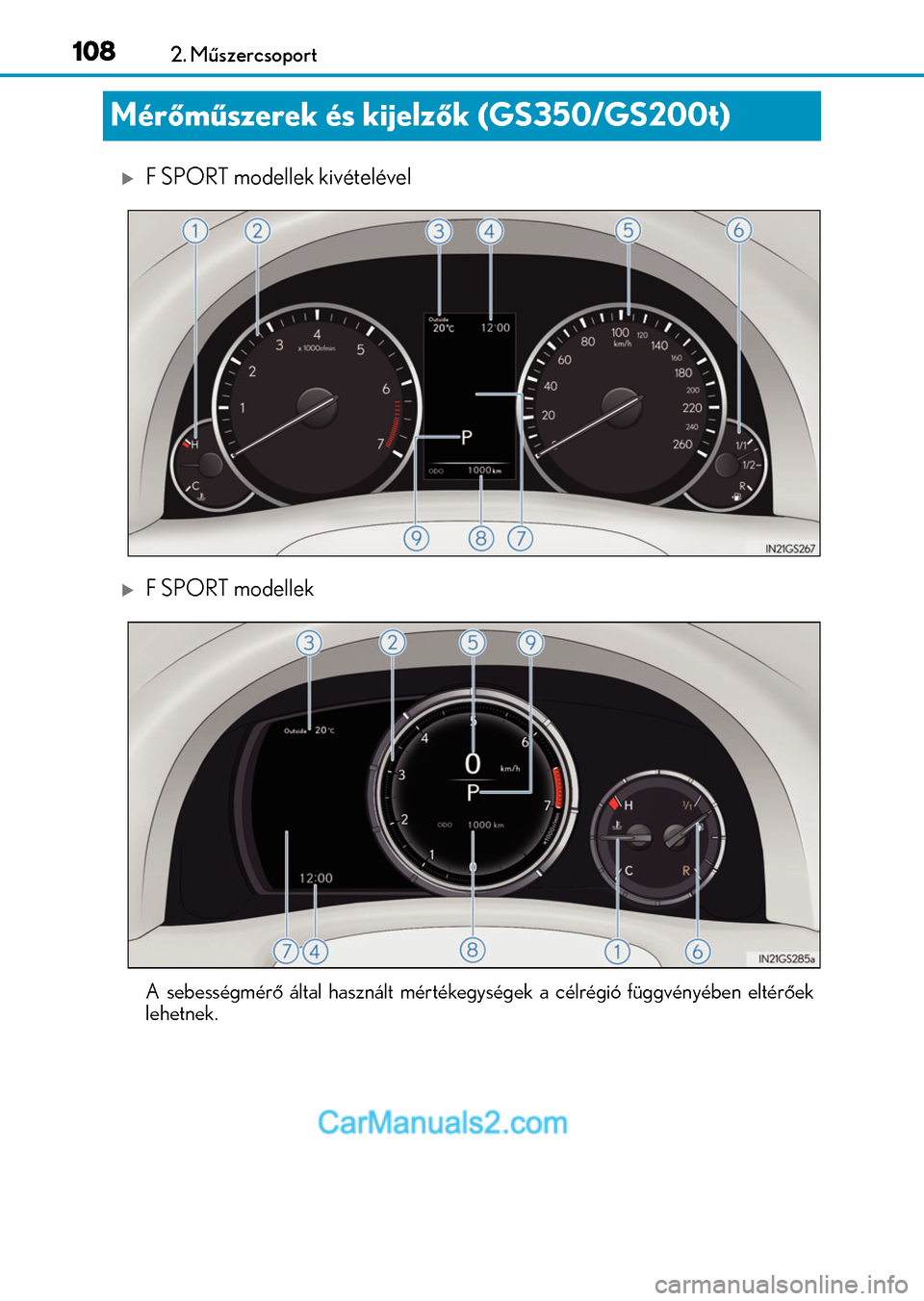 Lexus GS F 2015  Kezelési útmutató (in Hungarian) 1082. Műszercsoport
Mérőműszerek és kijelzők (GS350/GS200t)
F SPORT modellek kivételével
F SPORT modellek
A sebességmérő által használt mértékegységek a célrégió függvényéb