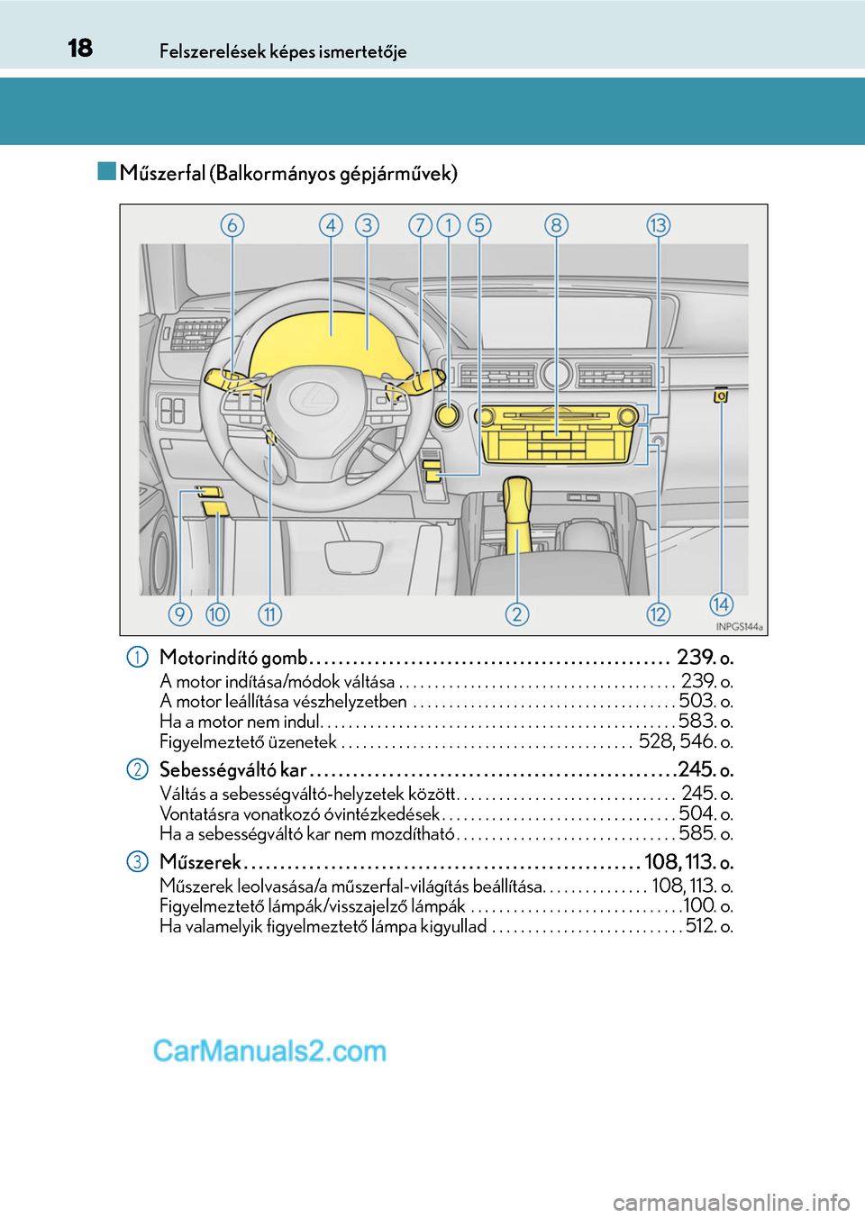 Lexus GS F 2015  Kezelési útmutató (in Hungarian) 18Felszerelések képes ismertetője
Műszerfal (Balkormányos gépjárművek)
Motorindító gomb . . . . . . . . . . . . . . . . . . . . . . . . . . . . . . . . . . . . . . . . . . . . . . . . . .