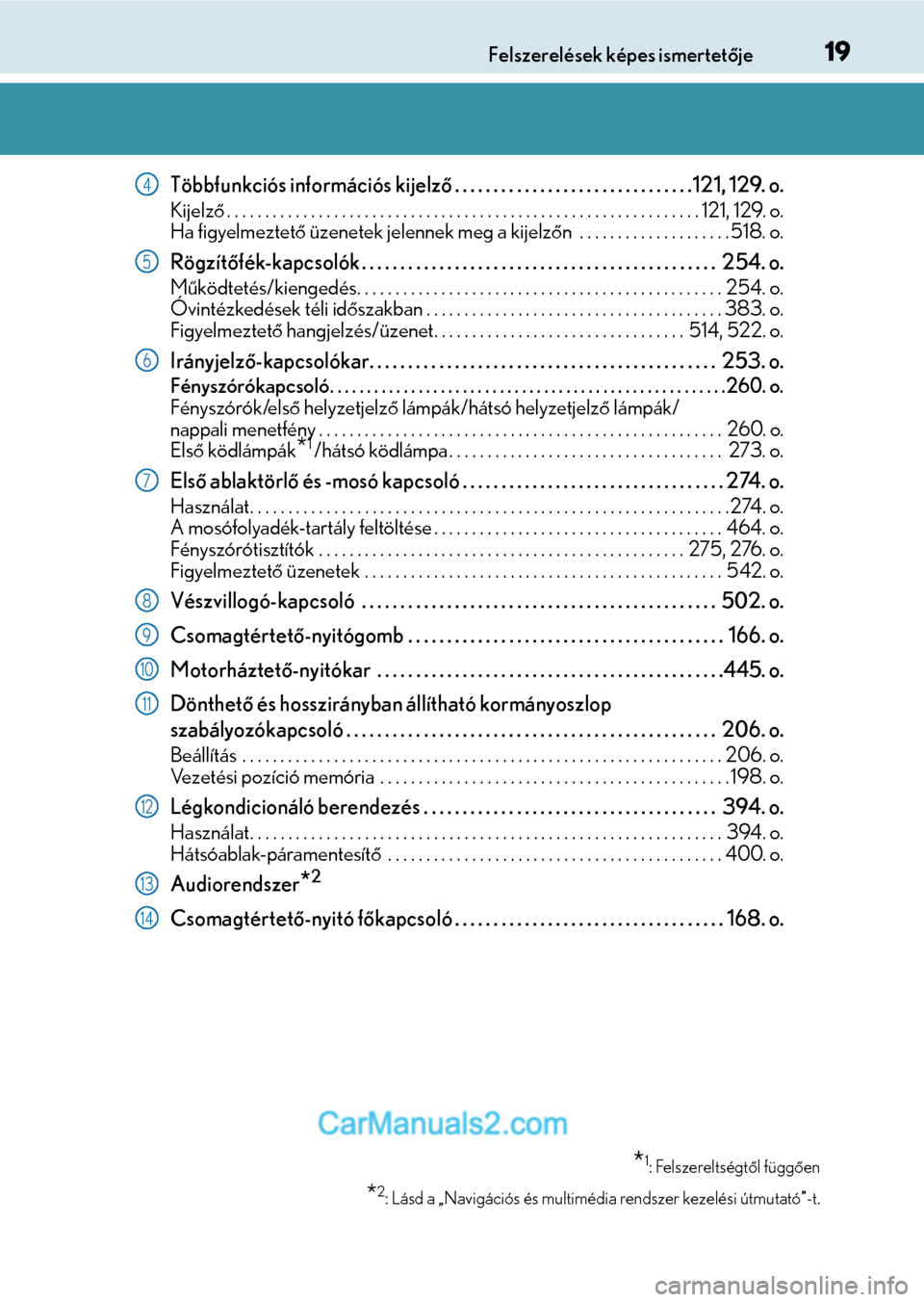 Lexus GS F 2015  Kezelési útmutató (in Hungarian) 19Felszerelések képes ismertetője
Többfunkciós információs kijelző. . . . . . . . . . . . . . . . . . . . . . . . . . . . . . .121, 129. o.
Kijelző. . . . . . . . . . . . . . . . . . . . . . 