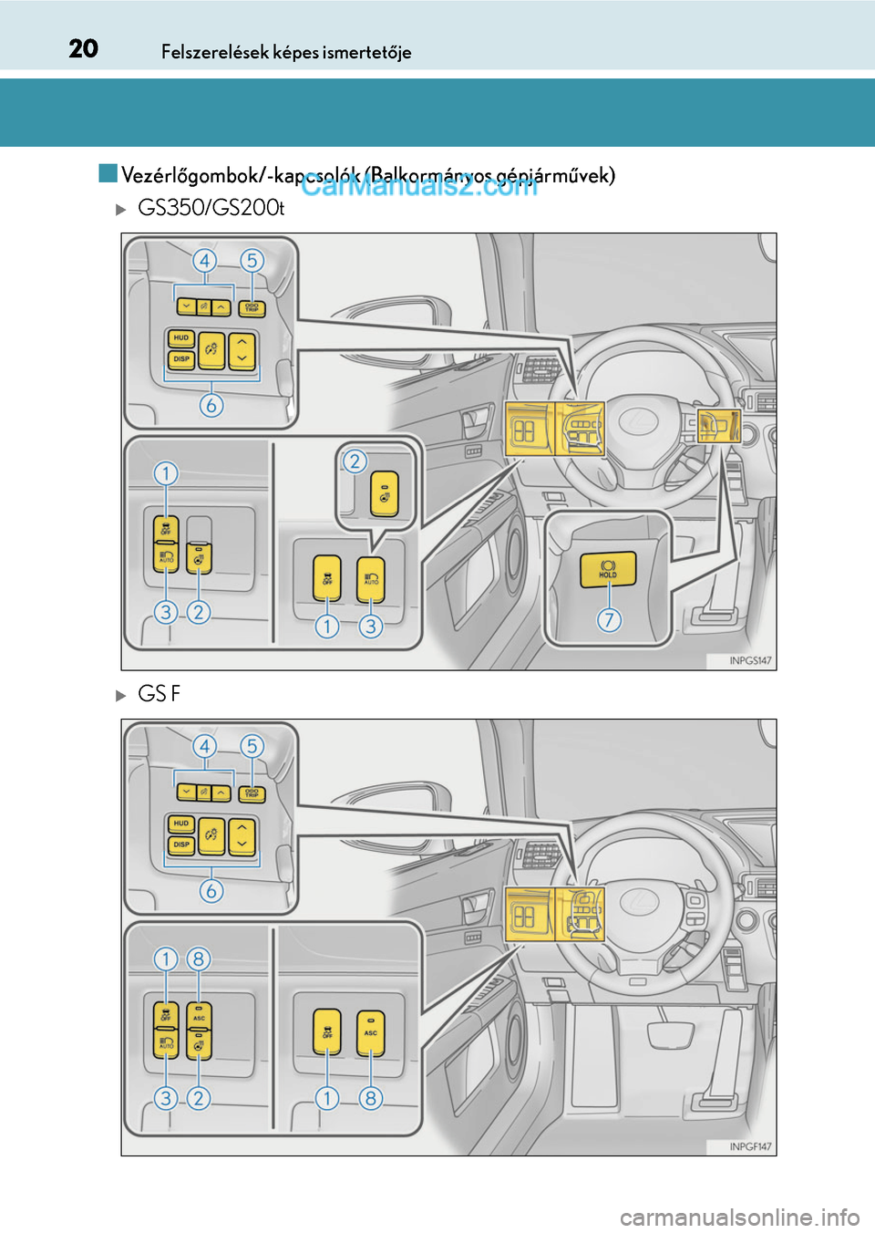 Lexus GS F 2015  Kezelési útmutató (in Hungarian) 20Felszerelések képes ismertetője
Ve z é r lőgombok/-kapcsolók (Balkormányos gépjárművek)
GS350/GS200t
GS F  