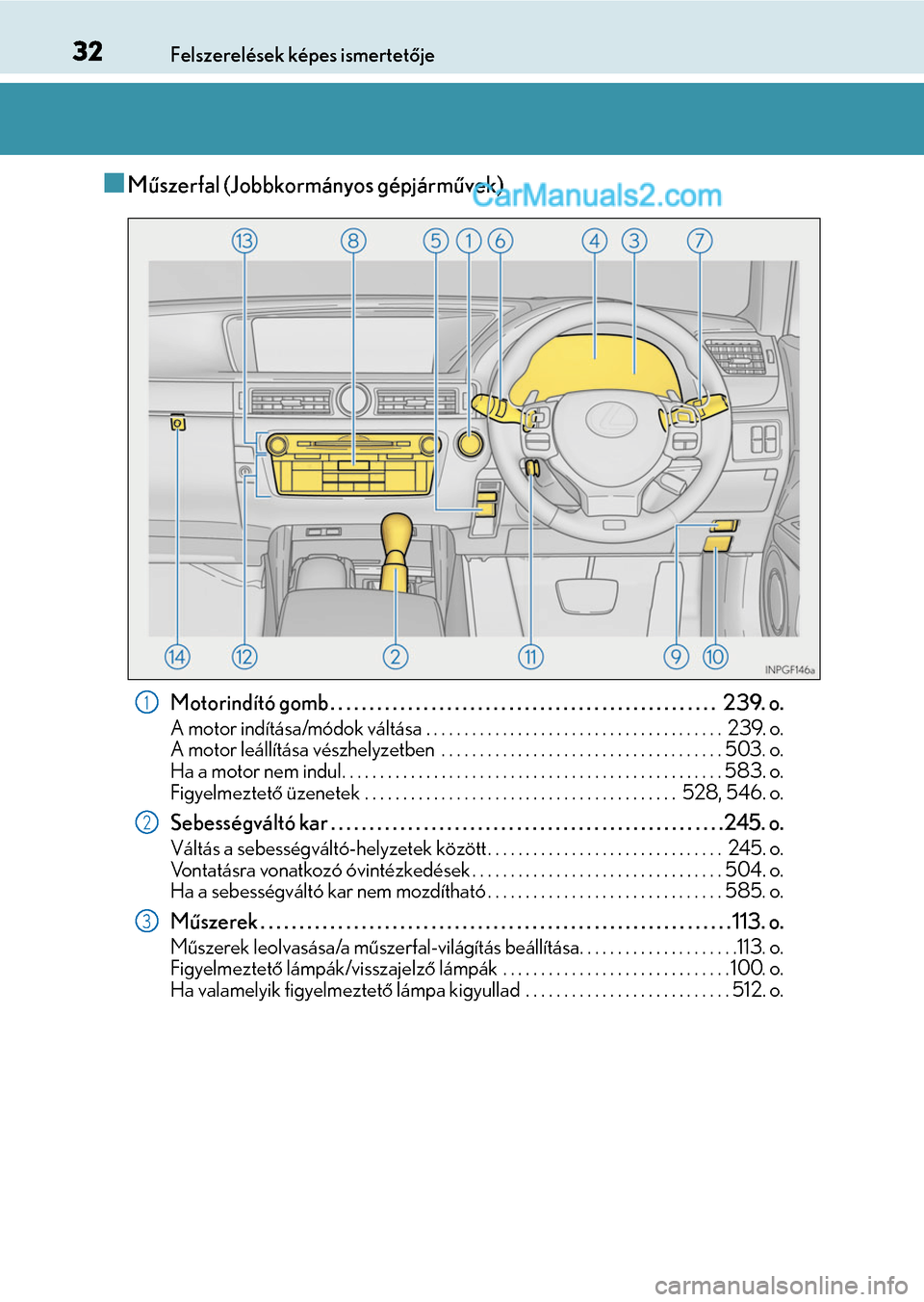 Lexus GS F 2015  Kezelési útmutató (in Hungarian) 32Felszerelések képes ismertetője
Műszerfal (Jobbkormányos gépjárművek)
Motorindító gomb . . . . . . . . . . . . . . . . . . . . . . . . . . . . . . . . . . . . . . . . . . . . . . . . . 