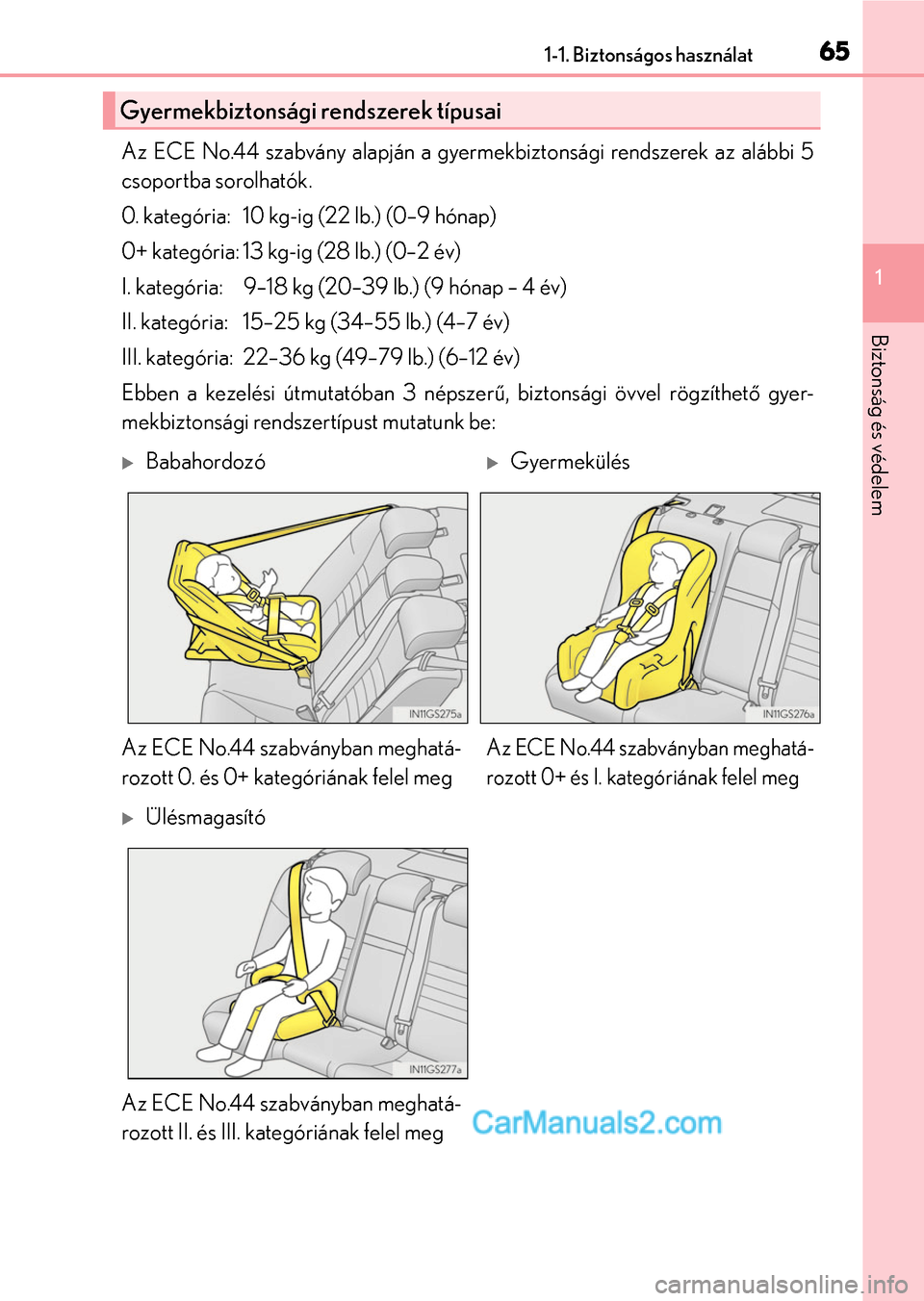 Lexus GS F 2015  Kezelési útmutató (in Hungarian) 651-1. Biztonságos használat
1
Biztonság és védelem
Az ECE No.44 szabvány alapján a gyermekbiztonsági rendszerek az alábbi 5
csoportba sorolhatók.
0. kategória: 10 kg-ig (22 lb.) (0–9 hó