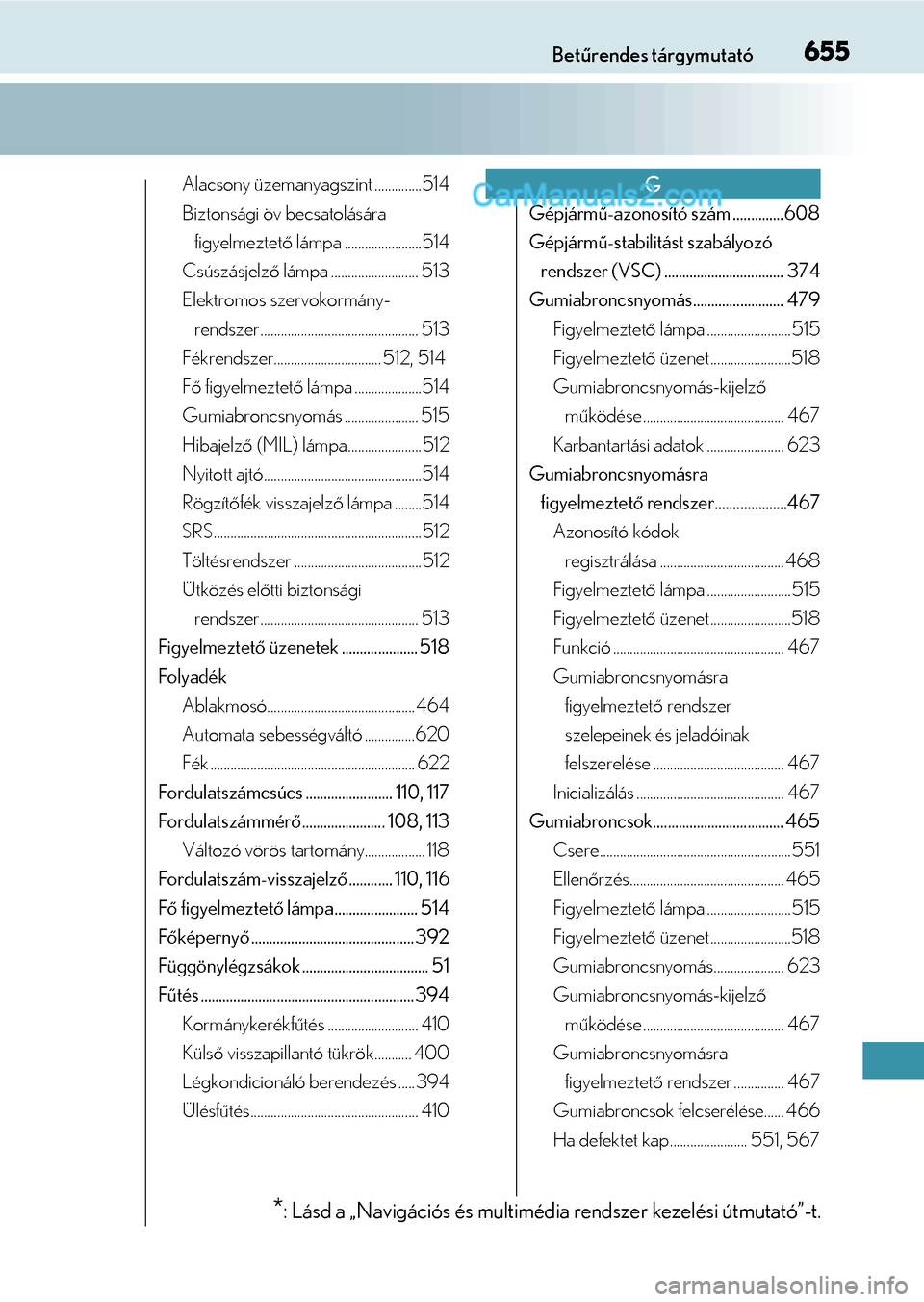 Lexus GS F 2015  Kezelési útmutató (in Hungarian) 655Betűrendes tárgymutató
Alacsony üzemanyagszint ..............514
Biztonsági öv becsatolására 
figyelmeztető lámpa .......................514
Csúszásjelző lámpa .......................