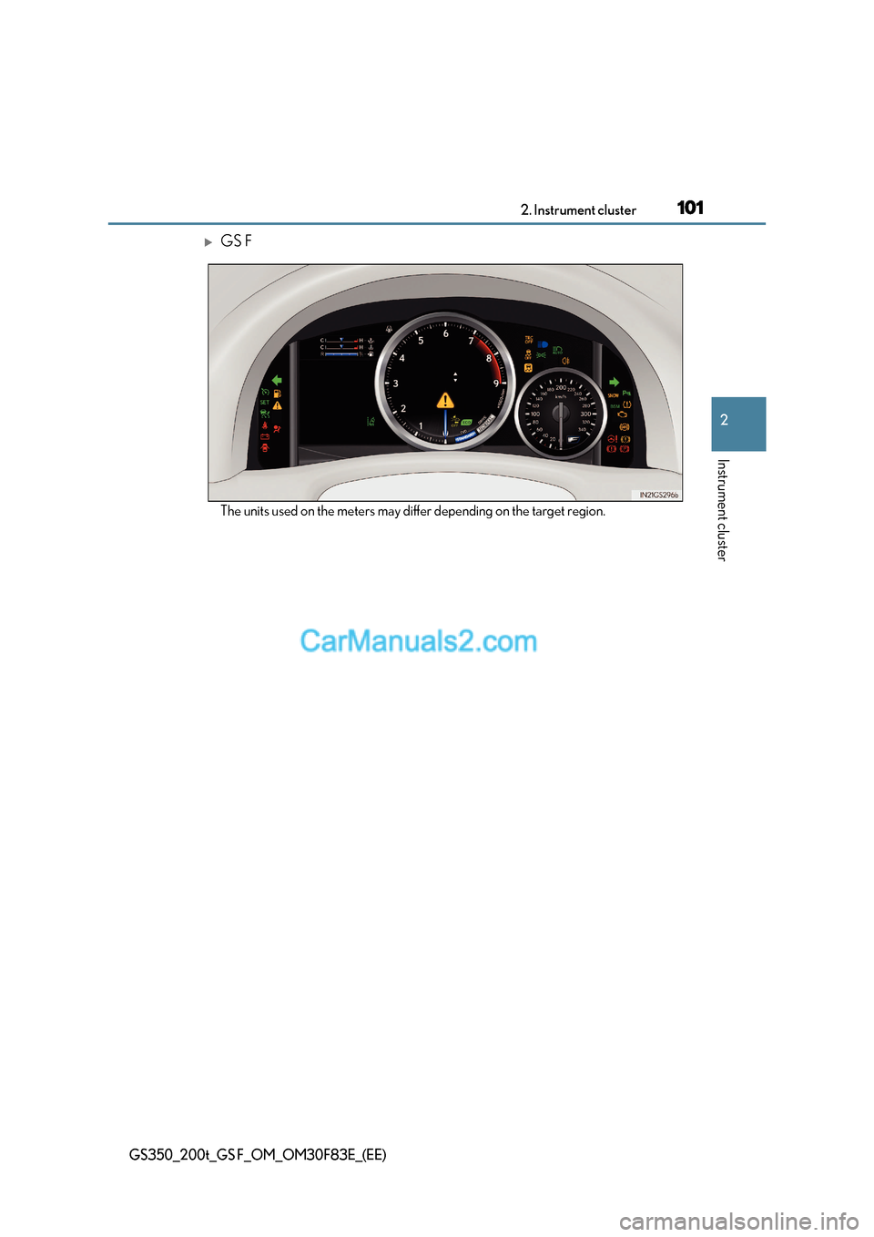Lexus GS200t 2017 Owners Manual 101
2. Instrument cluster
2
Instrument cluster
GS350_200t_GS F_OM_OM30F83E_(EE)
GS F
The units used on the meters may differ depending on the target region. Lexus GS200t 2017 Owners Manual 101
2. Instrument cluster
2
Instrument cluster
GS350_200t_GS F_OM_OM30F83E_(EE)
GS F
The units used on the meters may differ depending on the target region.