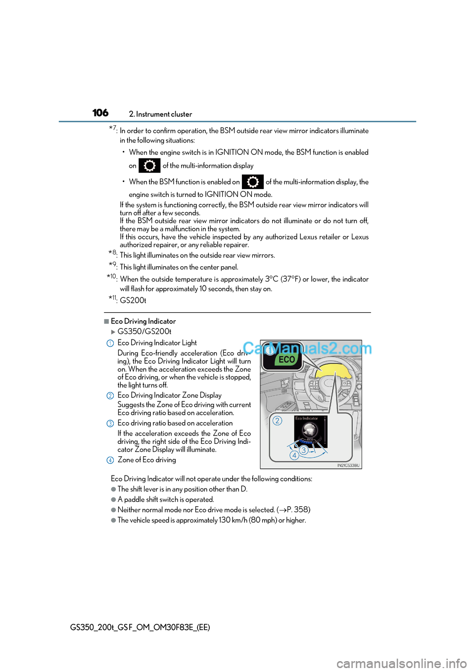 Lexus GS200t 2017 Owners Manual 1062. Instrument cluster
GS350_200t_GS F_OM_OM30F83E_(EE)
*7
: In order to confirm operation, the BSM outside rear view mirror indicators illuminate
in the following situations:
Lexus GS200t 2017 Owners Manual 1062. Instrument cluster
GS350_200t_GS F_OM_OM30F83E_(EE)
*7
: In order to confirm operation, the BSM outside rear view mirror indicators illuminate
in the following situations: