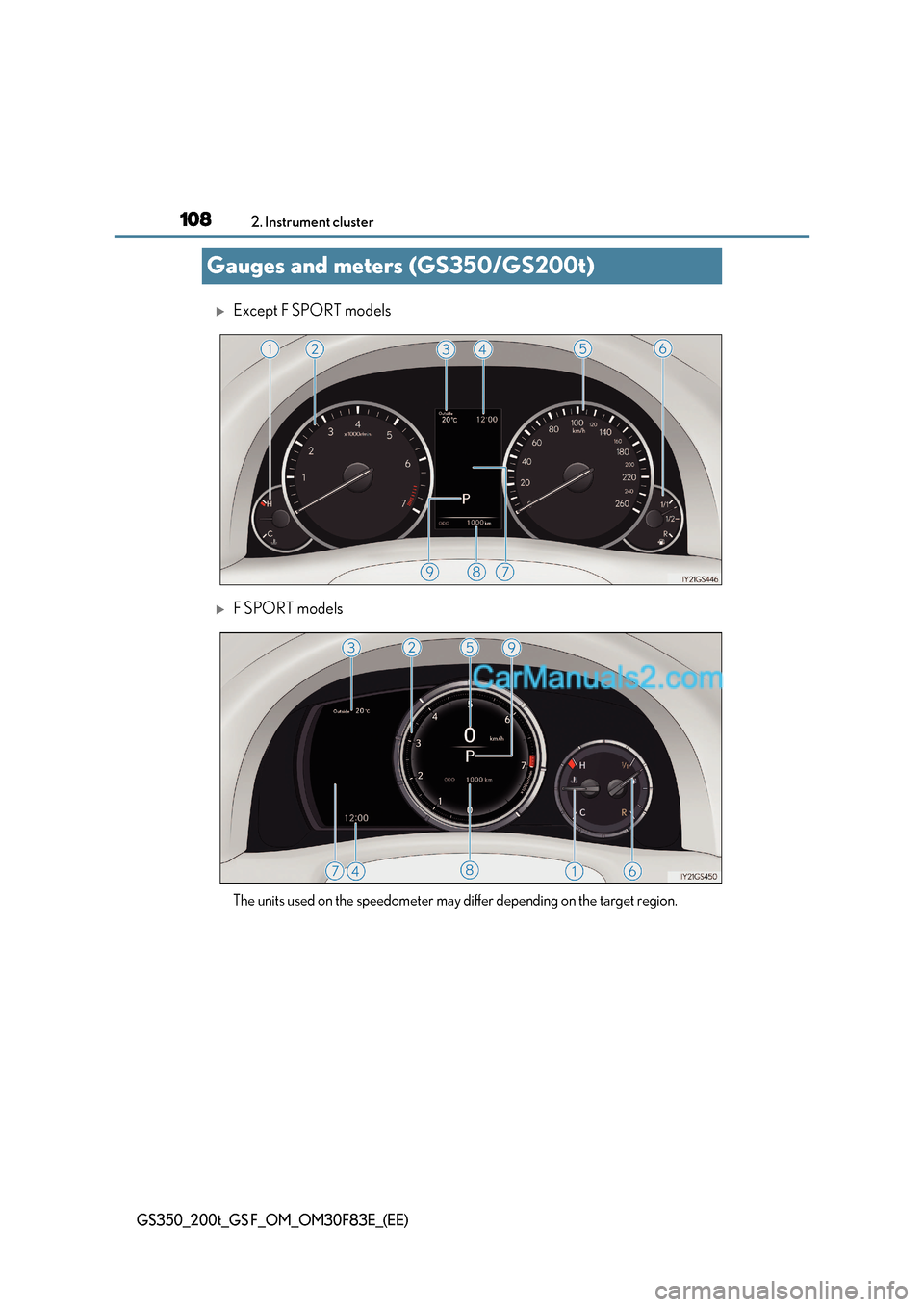Lexus GS200t 2017 Owners Manual 1082. Instrument cluster
GS350_200t_GS F_OM_OM30F83E_(EE)
Gauges and meters (GS350/GS200t)
Except F SPORT models
F SPORT models
The units used on the speedometer may differ depending on the tar Lexus GS200t 2017 Owners Manual 1082. Instrument cluster
GS350_200t_GS F_OM_OM30F83E_(EE)
Gauges and meters (GS350/GS200t)
Except F SPORT models
F SPORT models
The units used on the speedometer may differ depending on the tar
