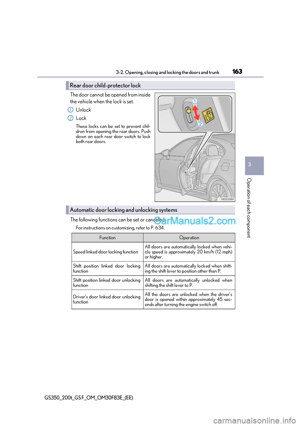 Lexus GS200t 2017 Owners Manual 163
3-2. Opening, closing and locking the doors and trunk
3
Operation of each component
GS350_200t_GS F_OM_OM30F83E_(EE)
The door cannot be opened from inside
the vehicle when the lock is set.
Unlock Lexus GS200t 2017 Owners Manual 163
3-2. Opening, closing and locking the doors and trunk
3
Operation of each component
GS350_200t_GS F_OM_OM30F83E_(EE)
The door cannot be opened from inside
the vehicle when the lock is set.
Unlock