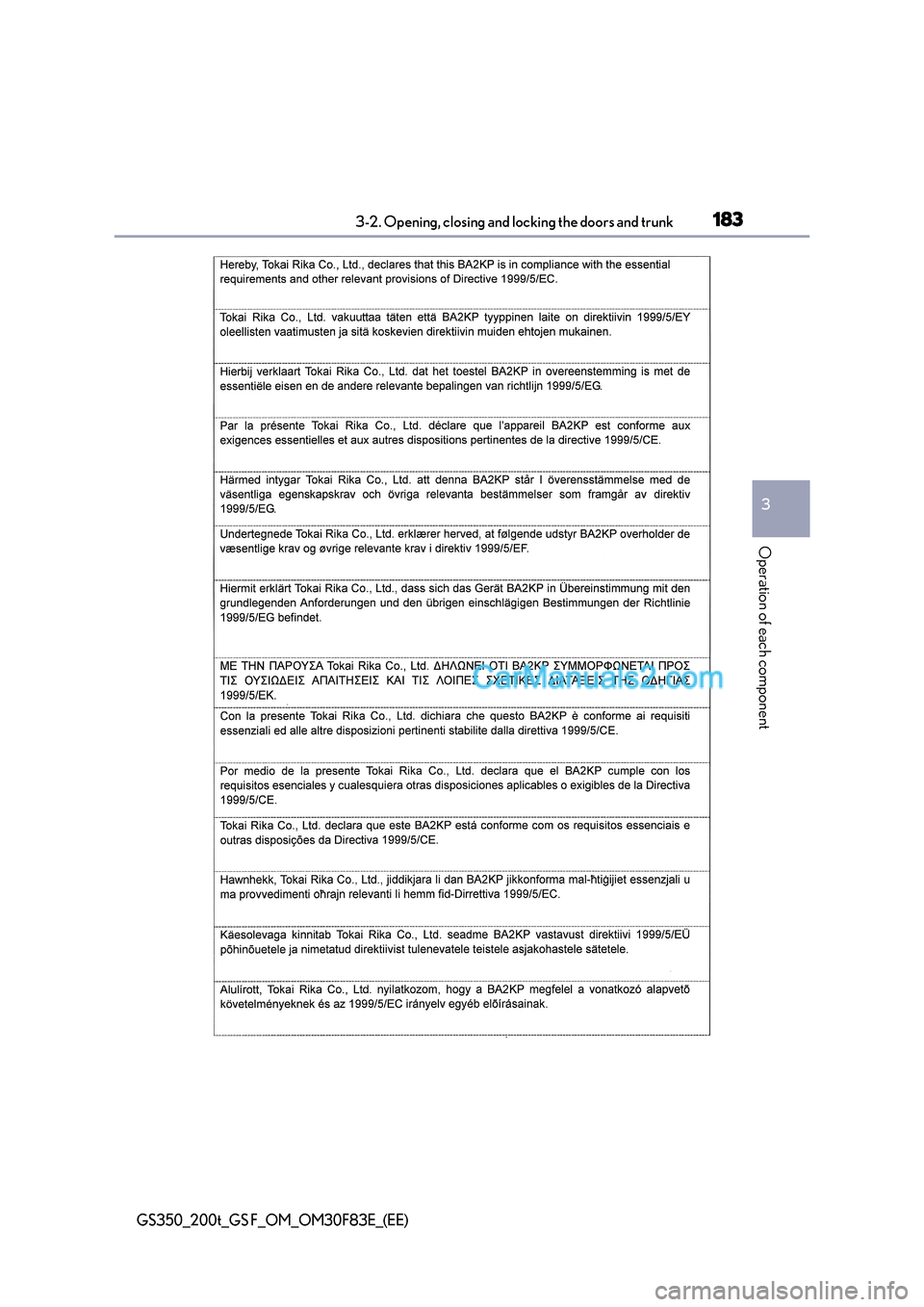 Lexus GS200t 2017 Owners Manual 183
3-2. Opening, closing and locking the doors and trunk
3
Operation of each component
GS350_200t_GS F_OM_OM30F83E_(EE) Lexus GS200t 2017 Owners Manual 183
3-2. Opening, closing and locking the doors and trunk
3
Operation of each component
GS350_200t_GS F_OM_OM30F83E_(EE)