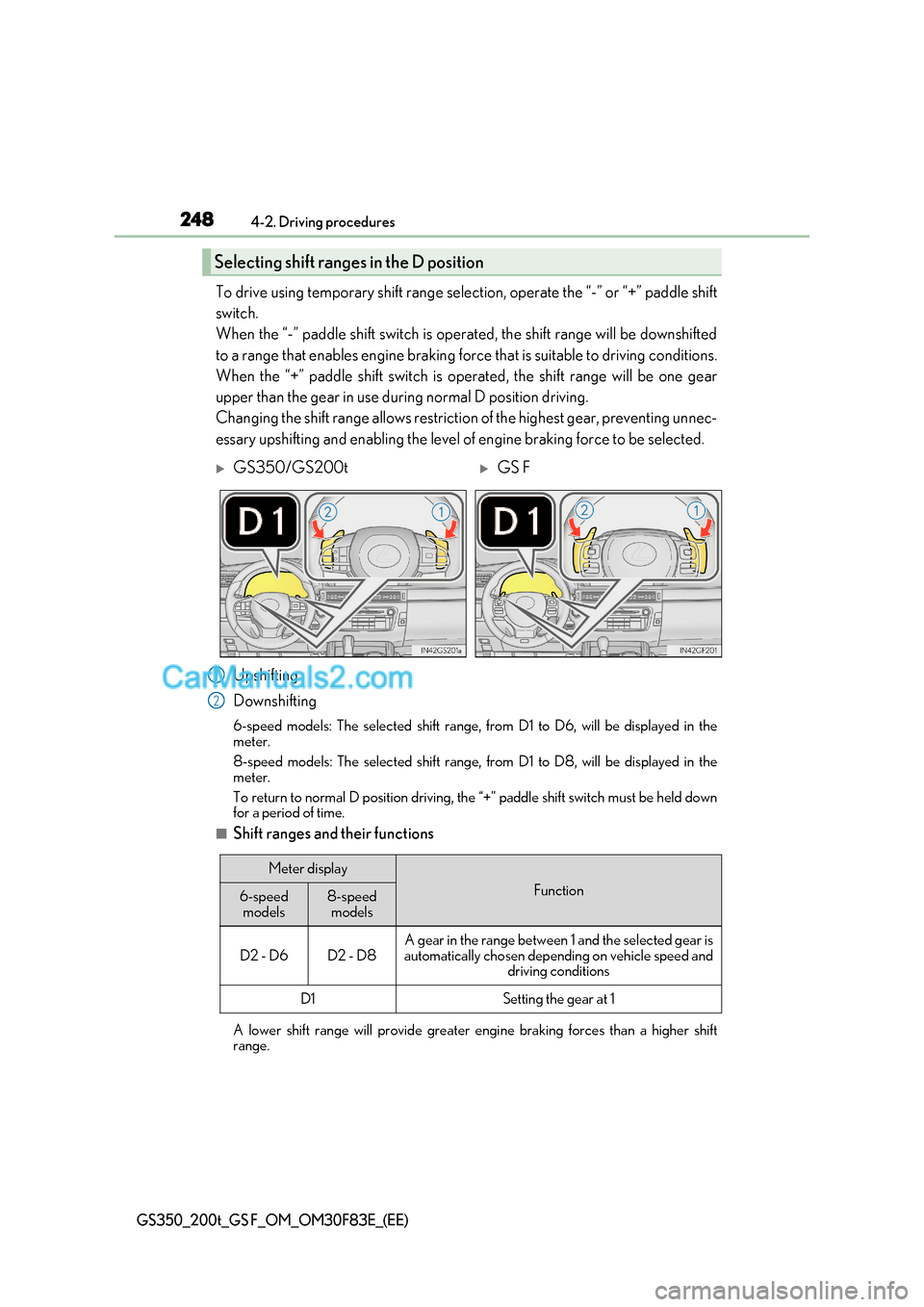 Lexus GS200t 2017 Owners Manual 2484-2. Driving procedures
GS350_200t_GS F_OM_OM30F83E_(EE)
To drive using temporary shift range selection, operate the “-” or “+” paddle shift
switch.
When the “-” paddle shift switch Lexus GS200t 2017 Owners Manual 2484-2. Driving procedures
GS350_200t_GS F_OM_OM30F83E_(EE)
To drive using temporary shift range selection, operate the “-” or “+” paddle shift
switch.
When the “-” paddle shift switch