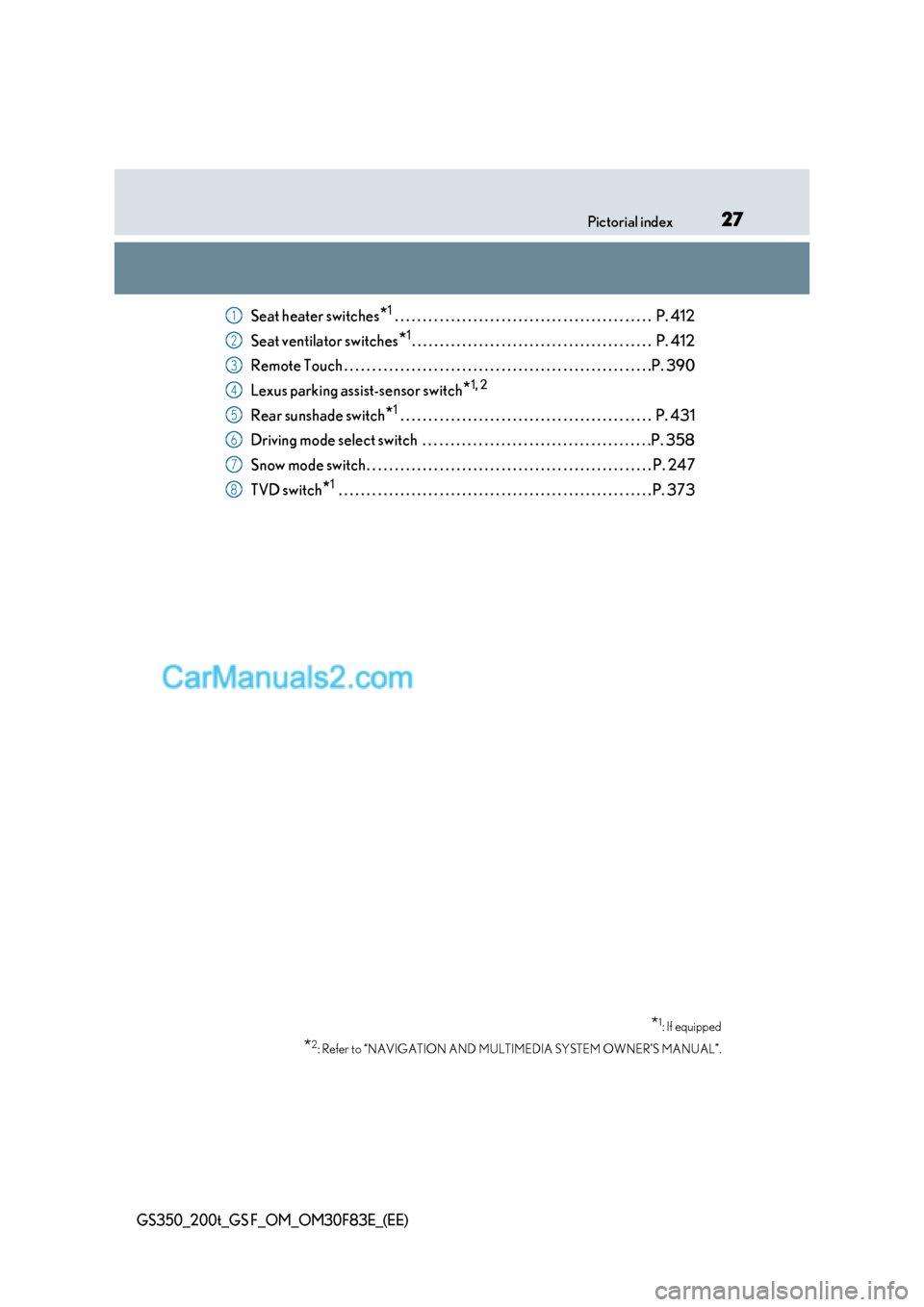 Lexus GS200t 2017 Owners Guide 27
Pictorial index
GS350_200t_GS F_OM_OM30F83E_(EE)
Seat heater switches *1
 . . . . . . . . . . . . . . . . . . . . . . . . . . . . . . . . . . . . . . . . . . . . . .  P. 412
Seat ventilator switche