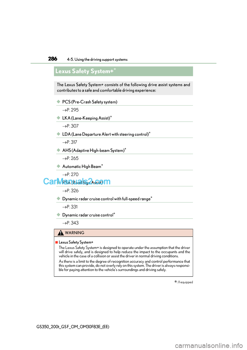 Lexus GS200t 2017 Owners Manual 2864-5. Using the driving support systems
GS350_200t_GS F_OM_OM30F83E_(EE)
Lexus Safety System+
◆PCS (Pre-Crash Safety system)
P. 295
◆LKA (Lane-Keeping Assist)
P. 307
◆LDA (Lane Lexus GS200t 2017 Owners Manual 2864-5. Using the driving support systems
GS350_200t_GS F_OM_OM30F83E_(EE)
Lexus Safety System+
◆PCS (Pre-Crash Safety system)
P. 295
◆LKA (Lane-Keeping Assist)
P. 307
◆LDA (Lane