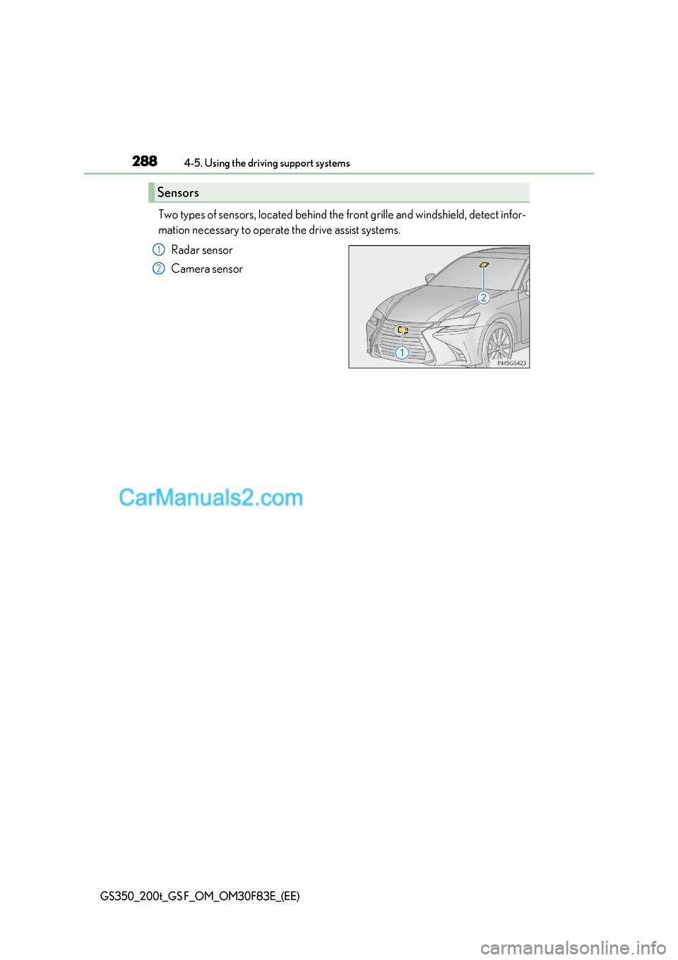 Lexus GS200t 2017 Owners Manual 2884-5. Using the driving support systems
GS350_200t_GS F_OM_OM30F83E_(EE)
Two types of sensors, located behind the front grille and windshield, detect infor-
mation necessary to operate the drive as Lexus GS200t 2017 Owners Manual 2884-5. Using the driving support systems
GS350_200t_GS F_OM_OM30F83E_(EE)
Two types of sensors, located behind the front grille and windshield, detect infor-
mation necessary to operate the drive as