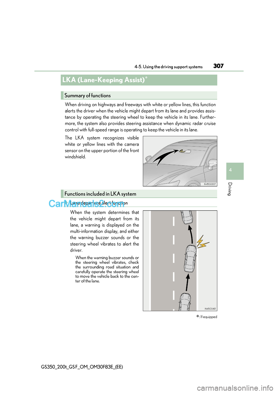 Lexus GS200t 2017  Owners Manual 307
4
4-5. Using the driving support systems
Driving
GS350_200t_GS F_OM_OM30F83E_(EE)
LKA (Lane-Keeping Assist)
When driving on highways and freeways with white or yellow l
ines, this function
aler