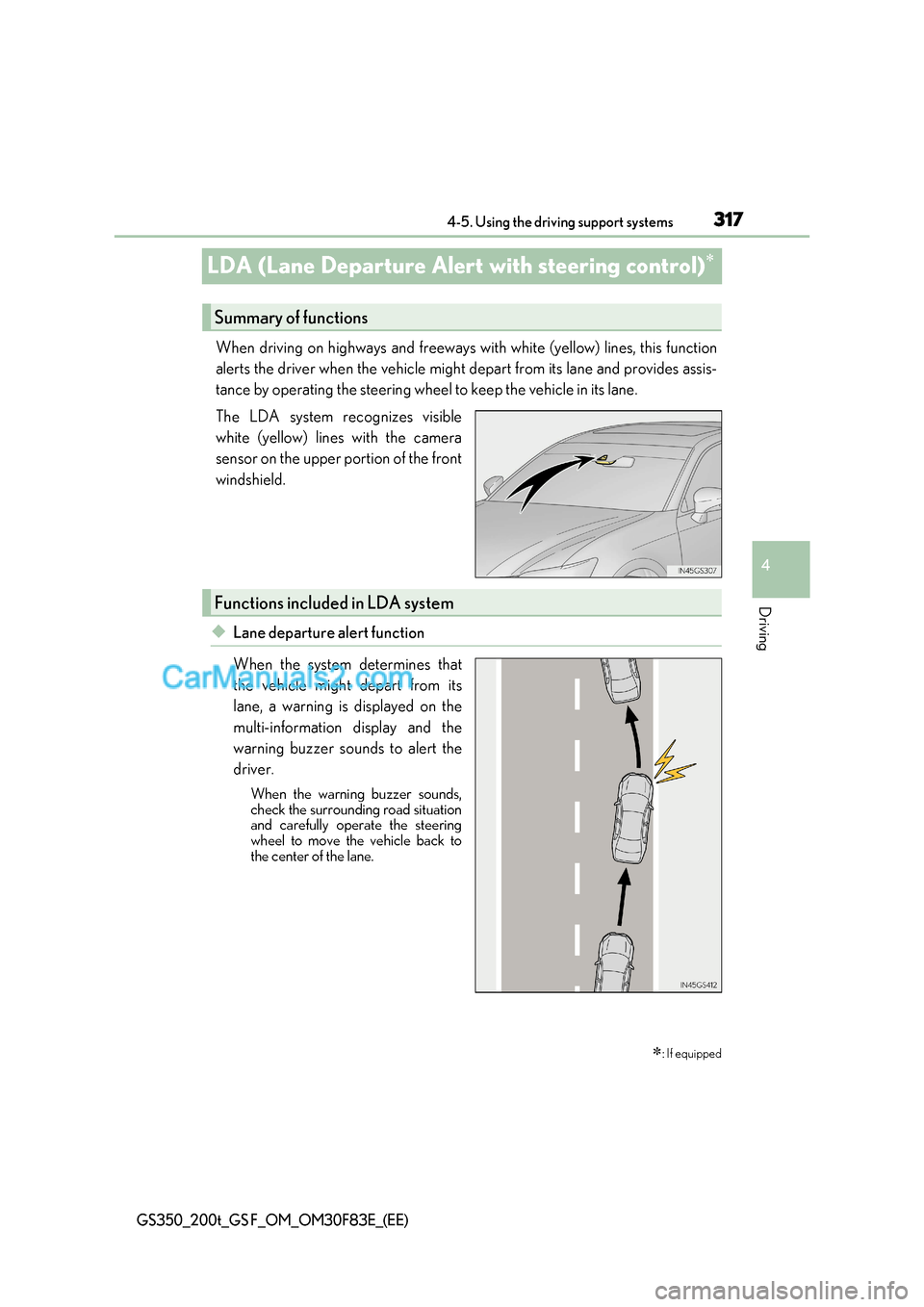 Lexus GS200t 2017 Owners Guide 317
4
4-5. Using the driving support systems
Driving
GS350_200t_GS F_OM_OM30F83E_(EE)
LDA (Lane Departure Alert with steering control)
When driving on highways and freeways with white (yellow) line Lexus GS200t 2017 Owners Guide 317
4
4-5. Using the driving support systems
Driving
GS350_200t_GS F_OM_OM30F83E_(EE)
LDA (Lane Departure Alert with steering control)
When driving on highways and freeways with white (yellow) line