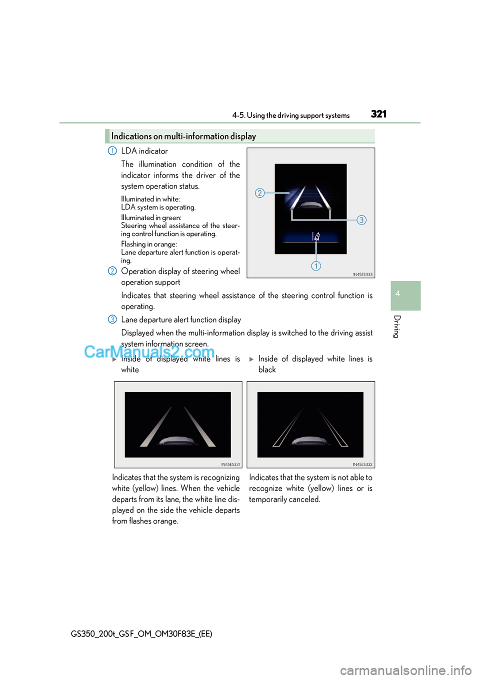 Lexus GS200t 2017 Owners Manual 321
4-5. Using the driving support systems
4
Driving
GS350_200t_GS F_OM_OM30F83E_(EE)
LDA indicator
The illumination condition of the
indicator informs the driver of the
system operation status.
I Lexus GS200t 2017 Owners Manual 321
4-5. Using the driving support systems
4
Driving
GS350_200t_GS F_OM_OM30F83E_(EE)
LDA indicator
The illumination condition of the
indicator informs the driver of the
system operation status.
I