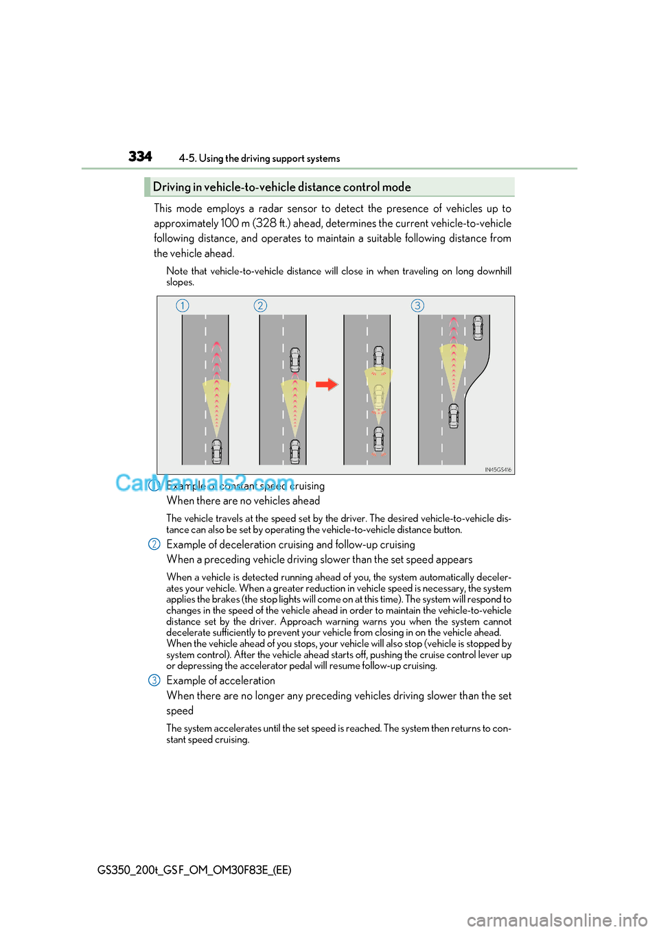 Lexus GS200t 2017  Owners Manual 3344-5. Using the driving support systems
GS350_200t_GS F_OM_OM30F83E_(EE)
This mode employs a radar sensor to detect the presence of vehicles up to 
approximately 100 m (328 ft.) ahead, determines th