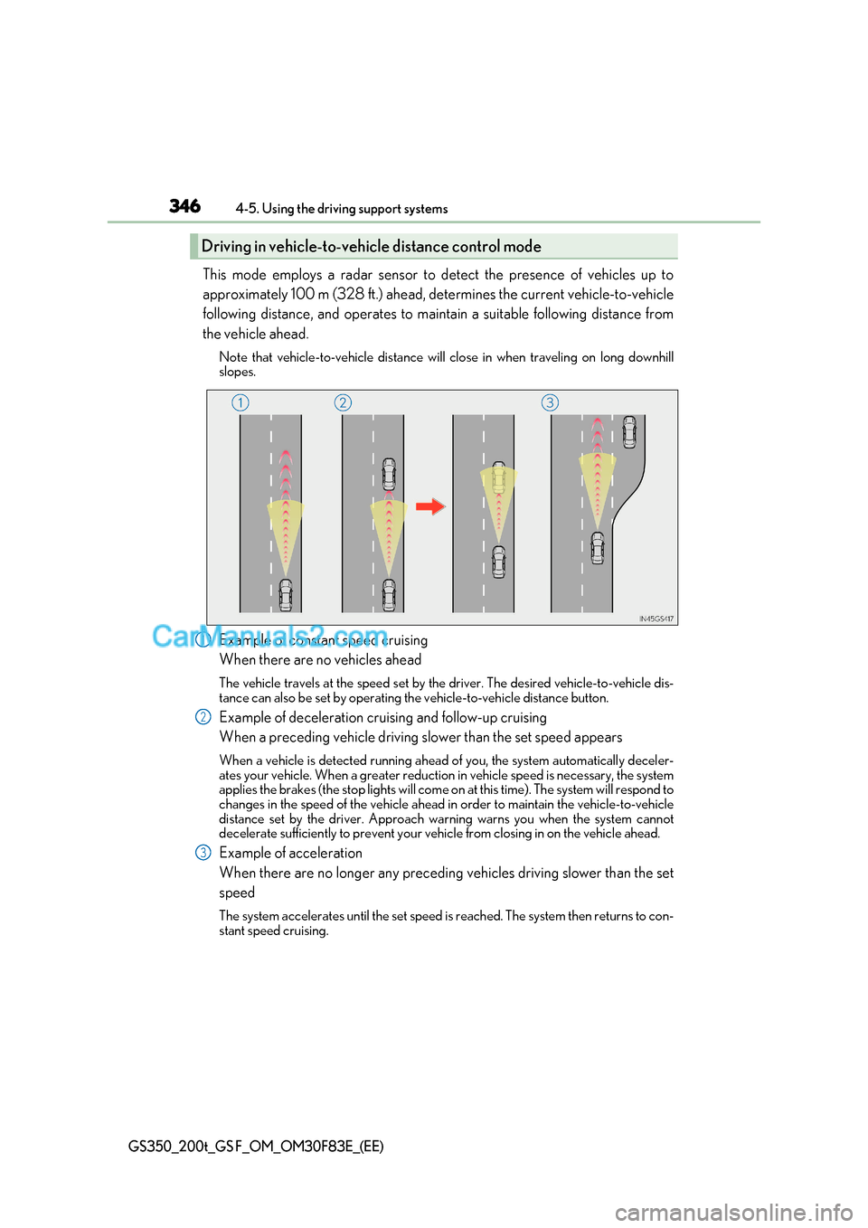 Lexus GS200t 2017  Owners Manual 3464-5. Using the driving support systems
GS350_200t_GS F_OM_OM30F83E_(EE)
This mode employs a radar sensor to detect the presence of vehicles up to 
approximately 100 m (328 ft.) ahead, determines th