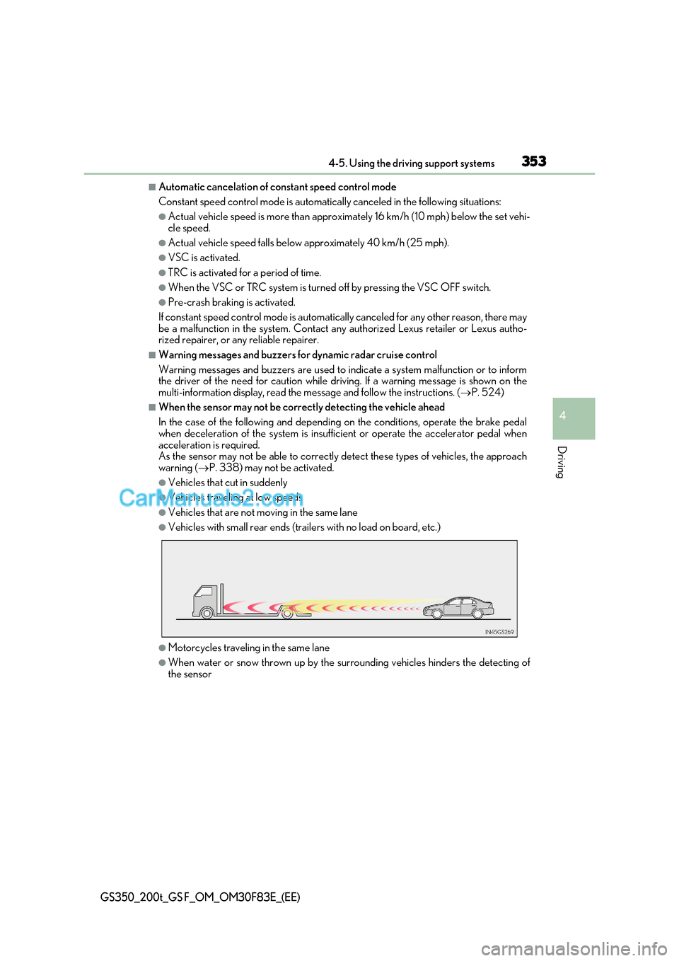 Lexus GS200t 2017  Owners Manual 353
4-5. Using the driving support systems
4
Driving
GS350_200t_GS F_OM_OM30F83E_(EE)
■Automatic cancelation of constant speed control mode 
Constant speed control mode is automatica lly canceled in