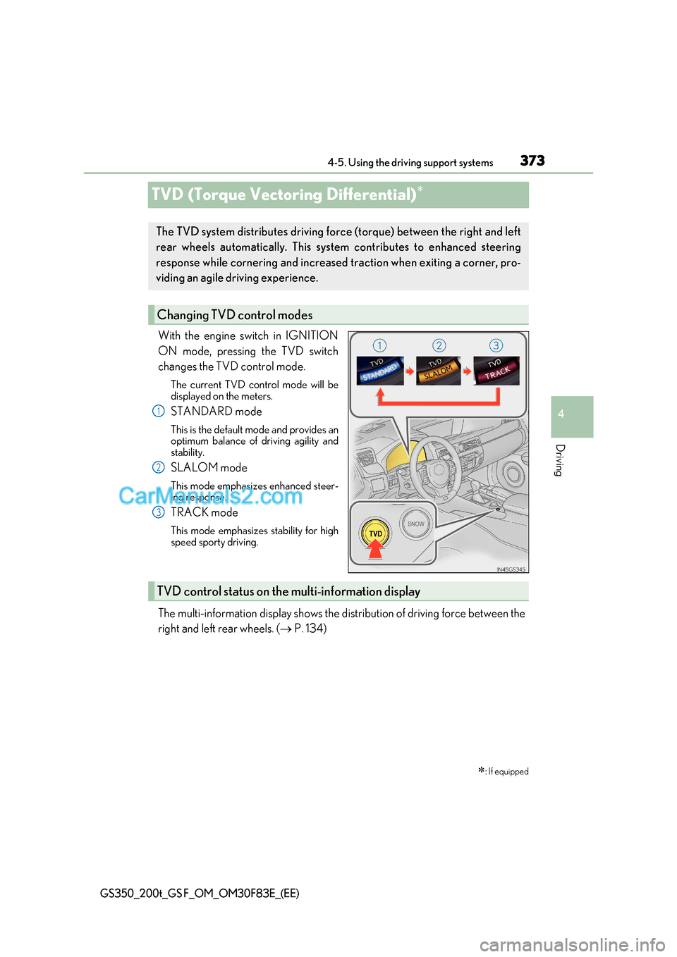 Lexus GS200t 2017  Owners Manual 373
4
4-5. Using the driving support systems
Driving
GS350_200t_GS F_OM_OM30F83E_(EE)
TVD (Torque Vectoring Differential)
With the engine switch in IGNITION 
ON mode, pressing the TVD switch 
chang
