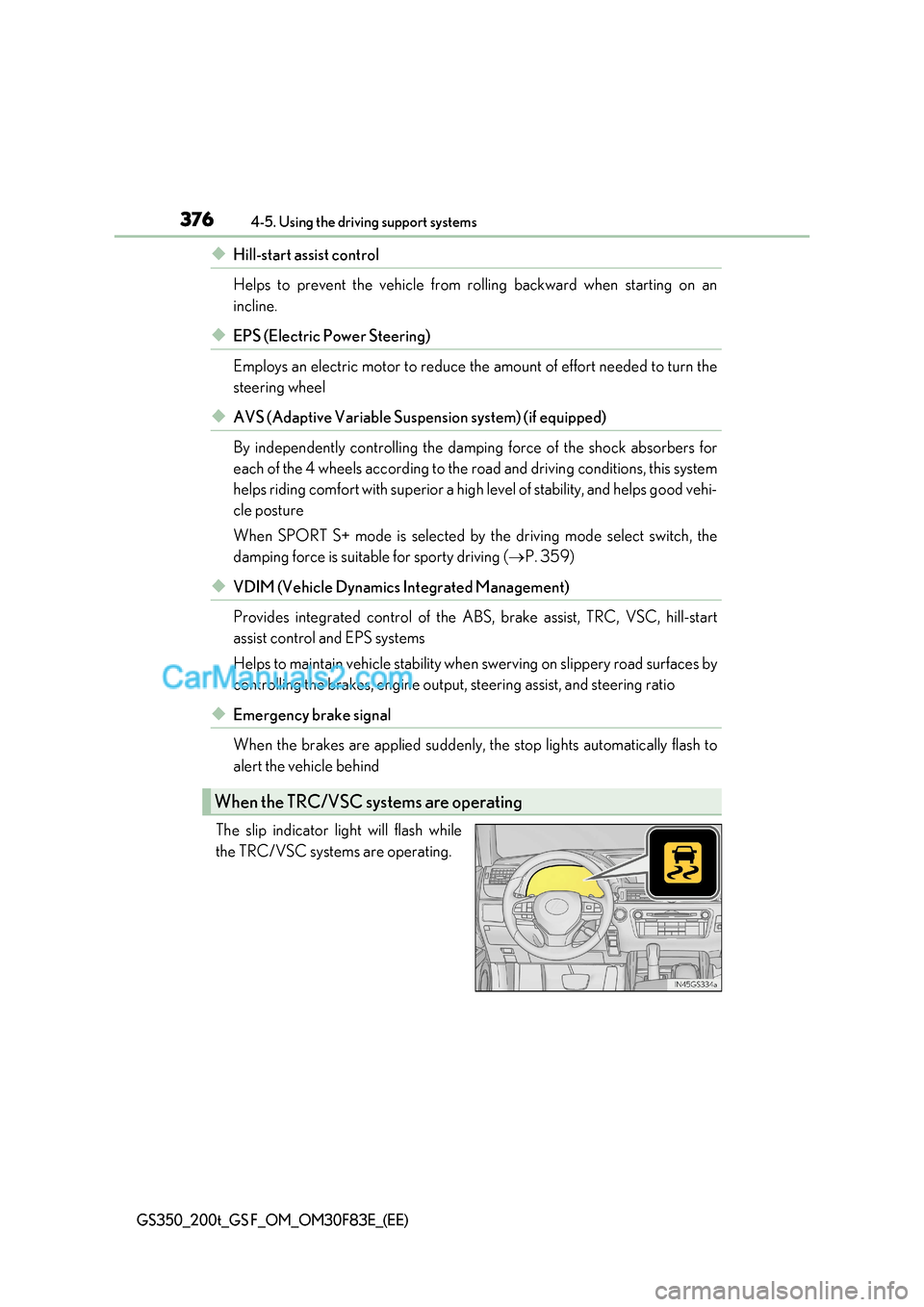 Lexus GS200t 2017 Owners Manual 3764-5. Using the driving support systems
GS350_200t_GS F_OM_OM30F83E_(EE)
◆Hill-start assist control
Helps to prevent the vehicle from rolling backward when starting on an
incline.
◆EPS (Electr Lexus GS200t 2017 Owners Manual 3764-5. Using the driving support systems
GS350_200t_GS F_OM_OM30F83E_(EE)
◆Hill-start assist control
Helps to prevent the vehicle from rolling backward when starting on an
incline.
◆EPS (Electr