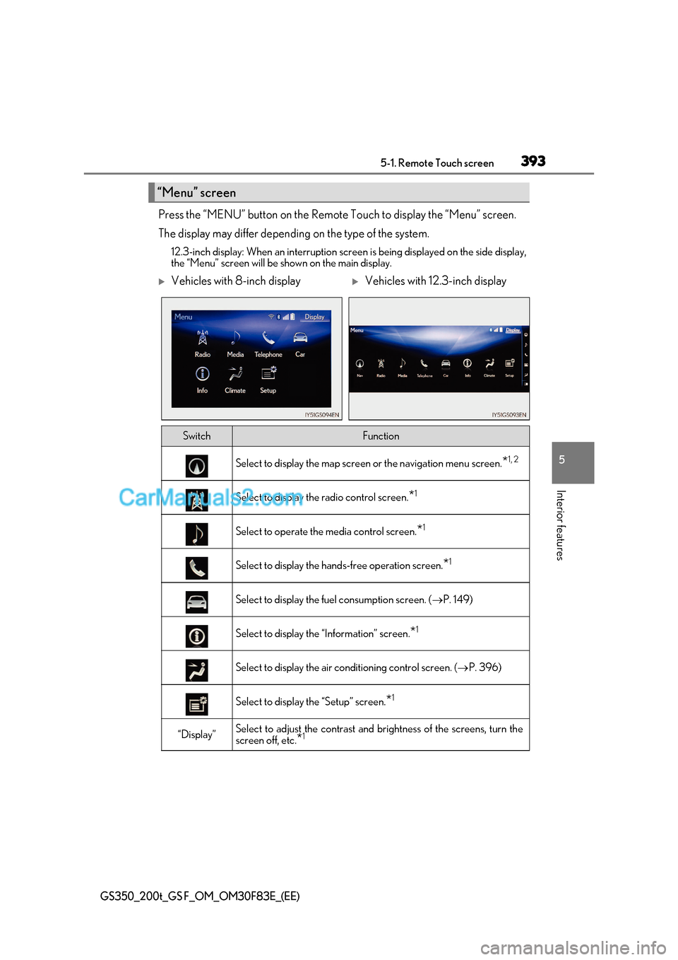 Lexus GS200t 2017 User Guide 393
5-1. Remote Touch screen
5
Interior features
GS350_200t_GS F_OM_OM30F83E_(EE)
Press the “MENU” button on the Remote Touch to display the “Menu” screen.
The display may differ depending on Lexus GS200t 2017 User Guide 393
5-1. Remote Touch screen
5
Interior features
GS350_200t_GS F_OM_OM30F83E_(EE)
Press the “MENU” button on the Remote Touch to display the “Menu” screen.
The display may differ depending on