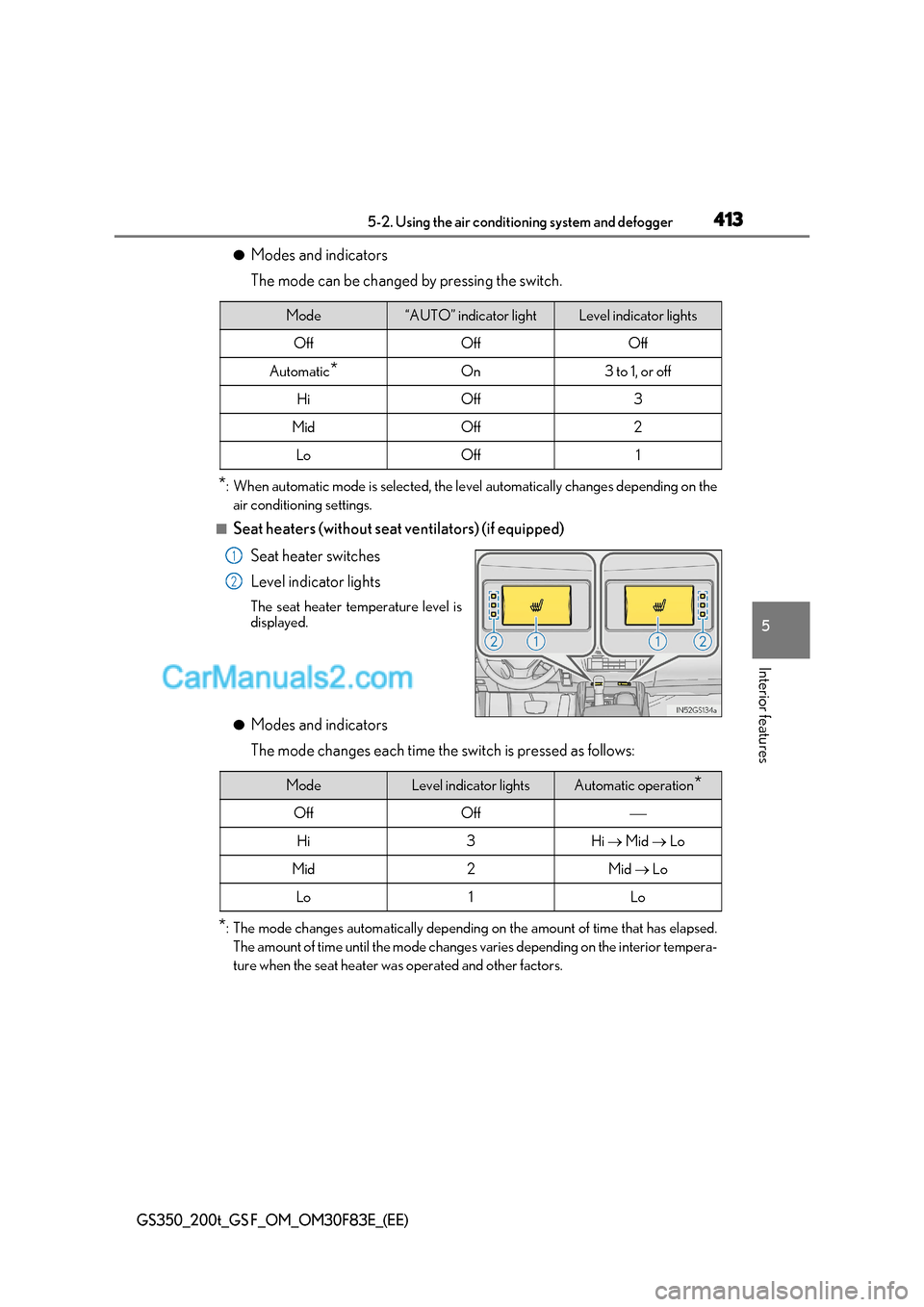 Lexus GS200t 2017 User Guide 413
5-2. Using the air conditioning system and defogger
5
Interior features
GS350_200t_GS F_OM_OM30F83E_(EE)
● Modes and indicators 
The mode can be changed by pressing the switch.
* : When automati
