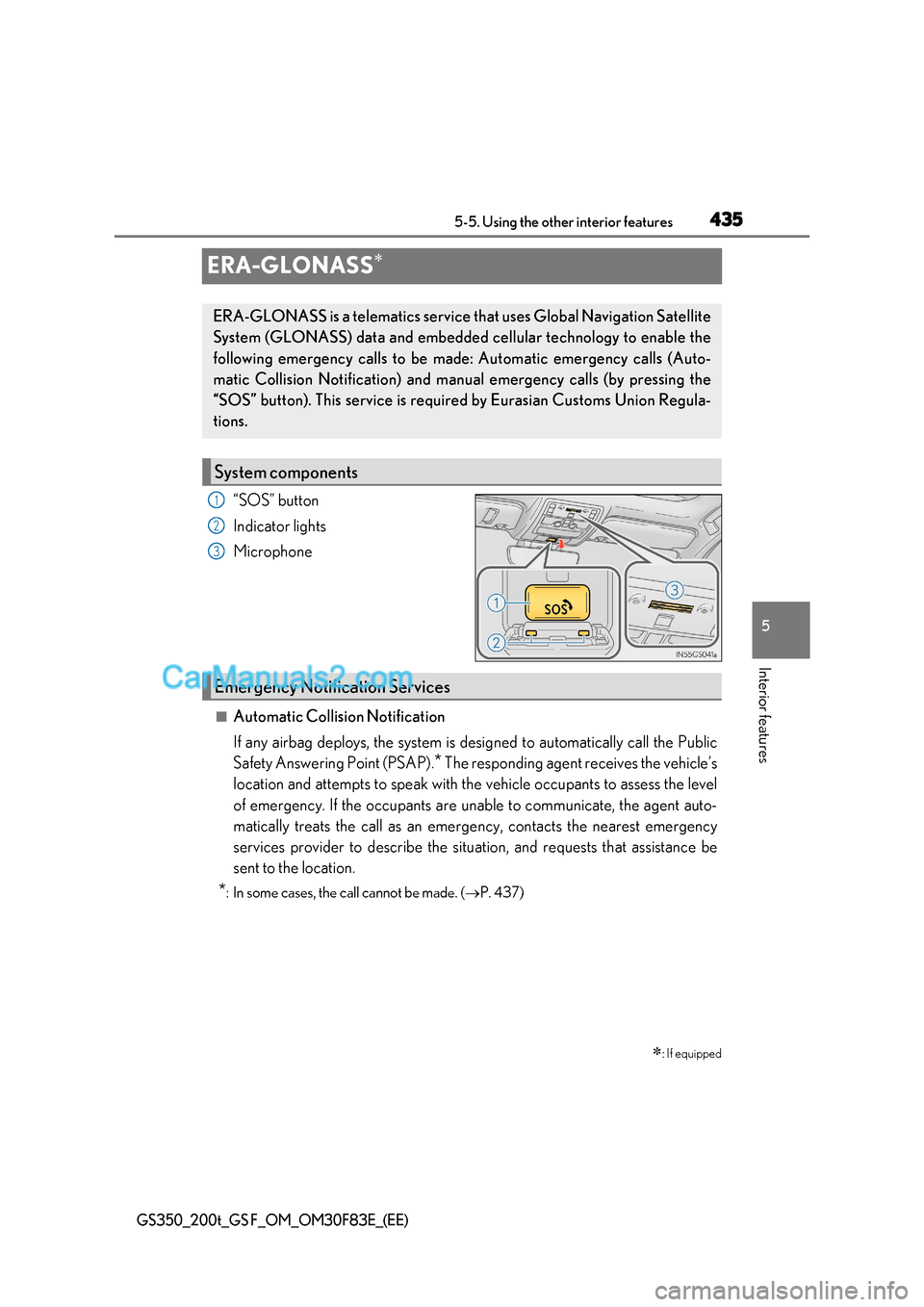 Lexus GS200t 2017  Owners Manual 435
5
5-5. Using the other interior features
Interior features
GS350_200t_GS F_OM_OM30F83E_(EE)
ERA-GLONASS
“SOS” button 
Indicator lights 
Microphone
■Automatic Collision Notification 
If an