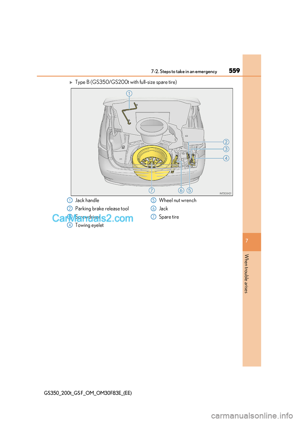 Lexus GS200t 2017  Owners Manual 559
7-2. Steps to take in an emergency
7
When trouble arises
GS350_200t_GS F_OM_OM30F83E_(EE)
Type B (GS350/GS200t with full-size spare tire)
Jack handle 
Parking brake release tool 
Screwdriver 
T