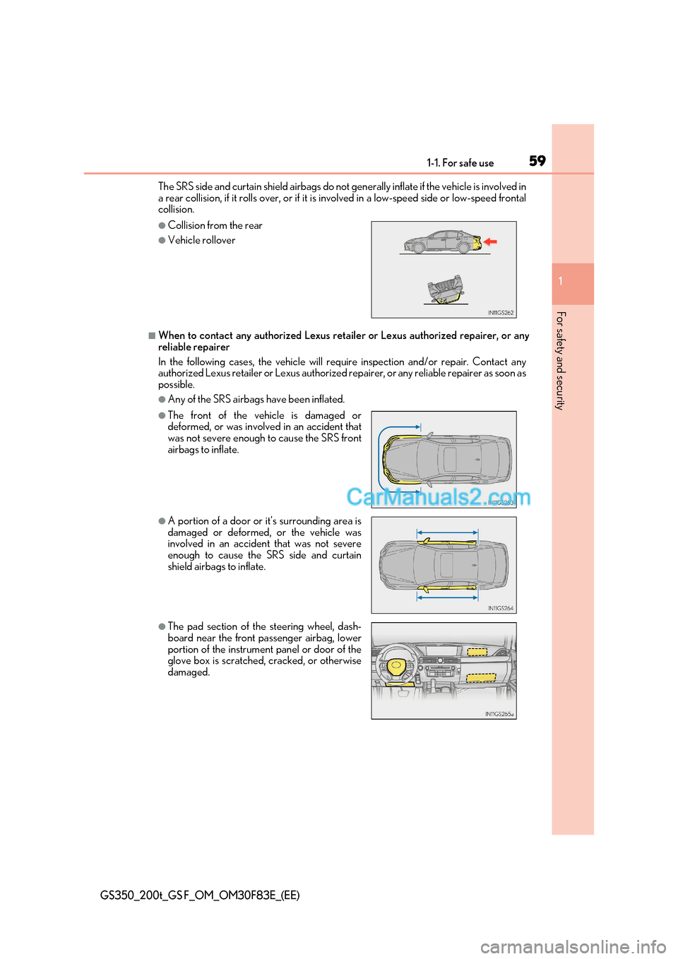 Lexus GS200t 2017 Workshop Manual 59
1-1. For safe use
1
For safety and security
GS350_200t_GS F_OM_OM30F83E_(EE)
The SRS side and curtain shield airbags do not generally inflate if the vehicle is involved in
a rear collision, if it Lexus GS200t 2017 Workshop Manual 59
1-1. For safe use
1
For safety and security
GS350_200t_GS F_OM_OM30F83E_(EE)
The SRS side and curtain shield airbags do not generally inflate if the vehicle is involved in
a rear collision, if it