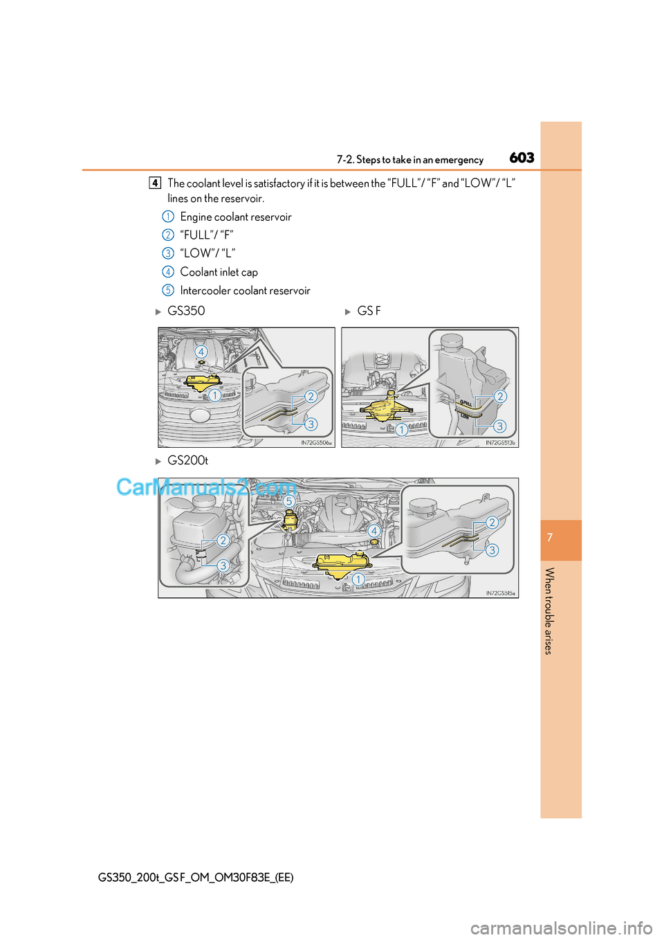 Lexus GS200t 2017 Owners Manual 603
7-2. Steps to take in an emergency
7
When trouble arises
GS350_200t_GS F_OM_OM30F83E_(EE)
The coolant level is satisfactory if it is between the “FULL”/ “F” and “LOW”/ “L”
lines o Lexus GS200t 2017 Owners Manual 603
7-2. Steps to take in an emergency
7
When trouble arises
GS350_200t_GS F_OM_OM30F83E_(EE)
The coolant level is satisfactory if it is between the “FULL”/ “F” and “LOW”/ “L”
lines o