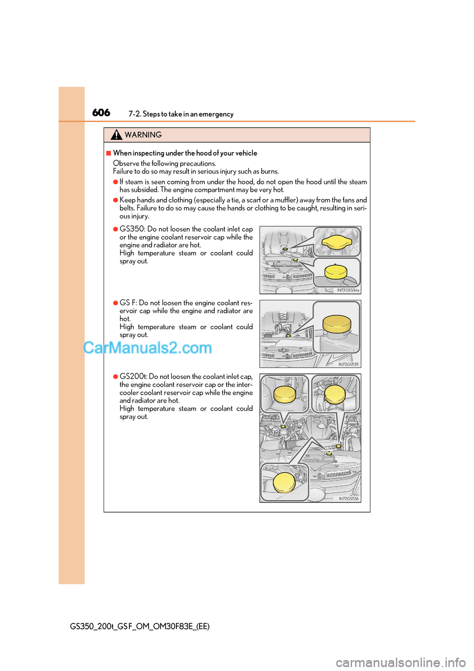 Lexus GS200t 2017  Owners Manual 6067-2. Steps to take in an emergency
GS350_200t_GS F_OM_OM30F83E_(EE)
WARNING
■When inspecting under the hood of your vehicle 
Observe the following precautions.  
Failure to do so may result in se