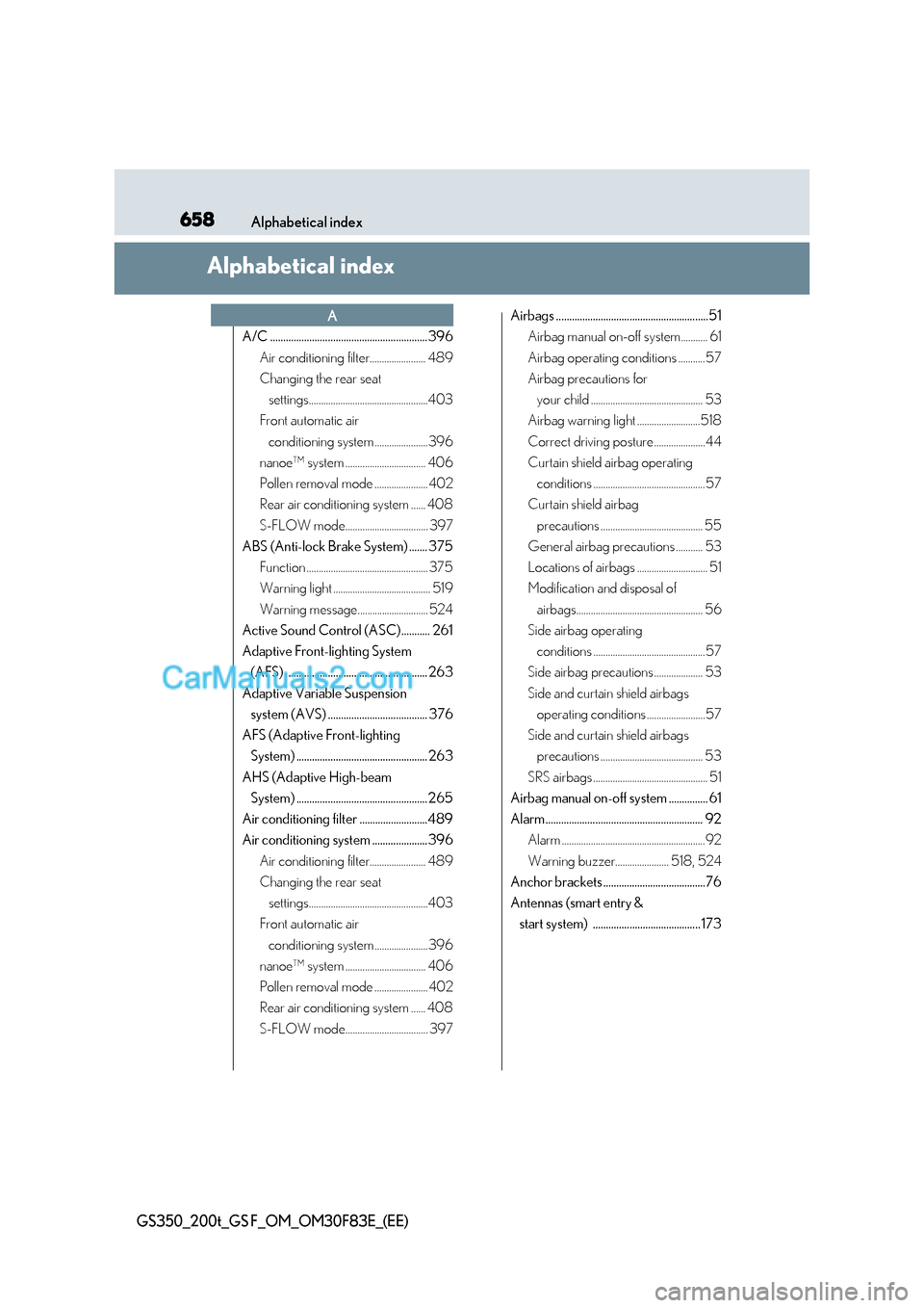 Lexus GS200t 2017 Owners Manual 658Alphabetical index
GS350_200t_GS F_OM_OM30F83E_(EE)
Alphabetical index
A/C ............................................................ 396
Air conditioning filter....................... 489
Chang Lexus GS200t 2017 Owners Manual 658Alphabetical index
GS350_200t_GS F_OM_OM30F83E_(EE)
Alphabetical index
A/C ............................................................ 396
Air conditioning filter....................... 489
Chang