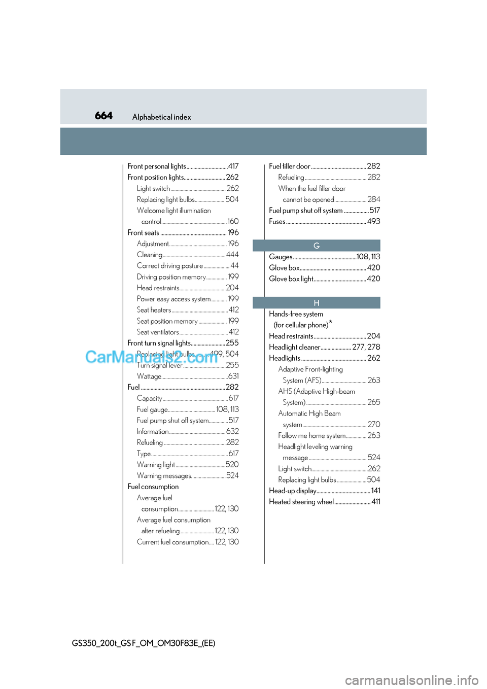 Lexus GS200t 2017  Owners Manual 664Alphabetical index
GS350_200t_GS F_OM_OM30F83E_(EE)
Front personal lights ..............................417 
Front position lights.............................. 262
Light switch ...................