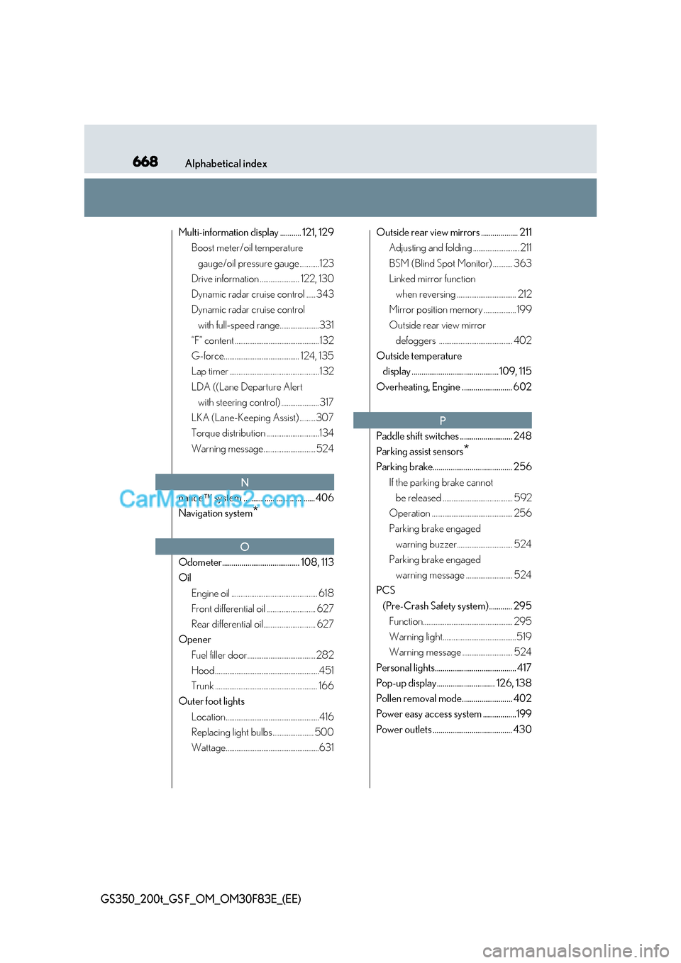 Lexus GS200t 2017  Owners Manual 668Alphabetical index
GS350_200t_GS F_OM_OM30F83E_(EE)
Multi-information display ........... 121, 129
Boost meter/oil temperature 
gauge/oil pressure gauge...........123
Drive information ............