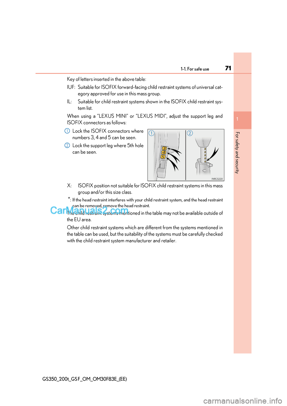 Lexus GS200t 2017 Owners Manual 71
1-1. For safe use
1
For safety and security
GS350_200t_GS F_OM_OM30F83E_(EE)
Key of letters inserted in the above table:
IUF: Suitable for ISOFIX forward-facing child restraint systems of un ivers Lexus GS200t 2017 Owners Manual 71
1-1. For safe use
1
For safety and security
GS350_200t_GS F_OM_OM30F83E_(EE)
Key of letters inserted in the above table:
IUF: Suitable for ISOFIX forward-facing child restraint systems of un ivers