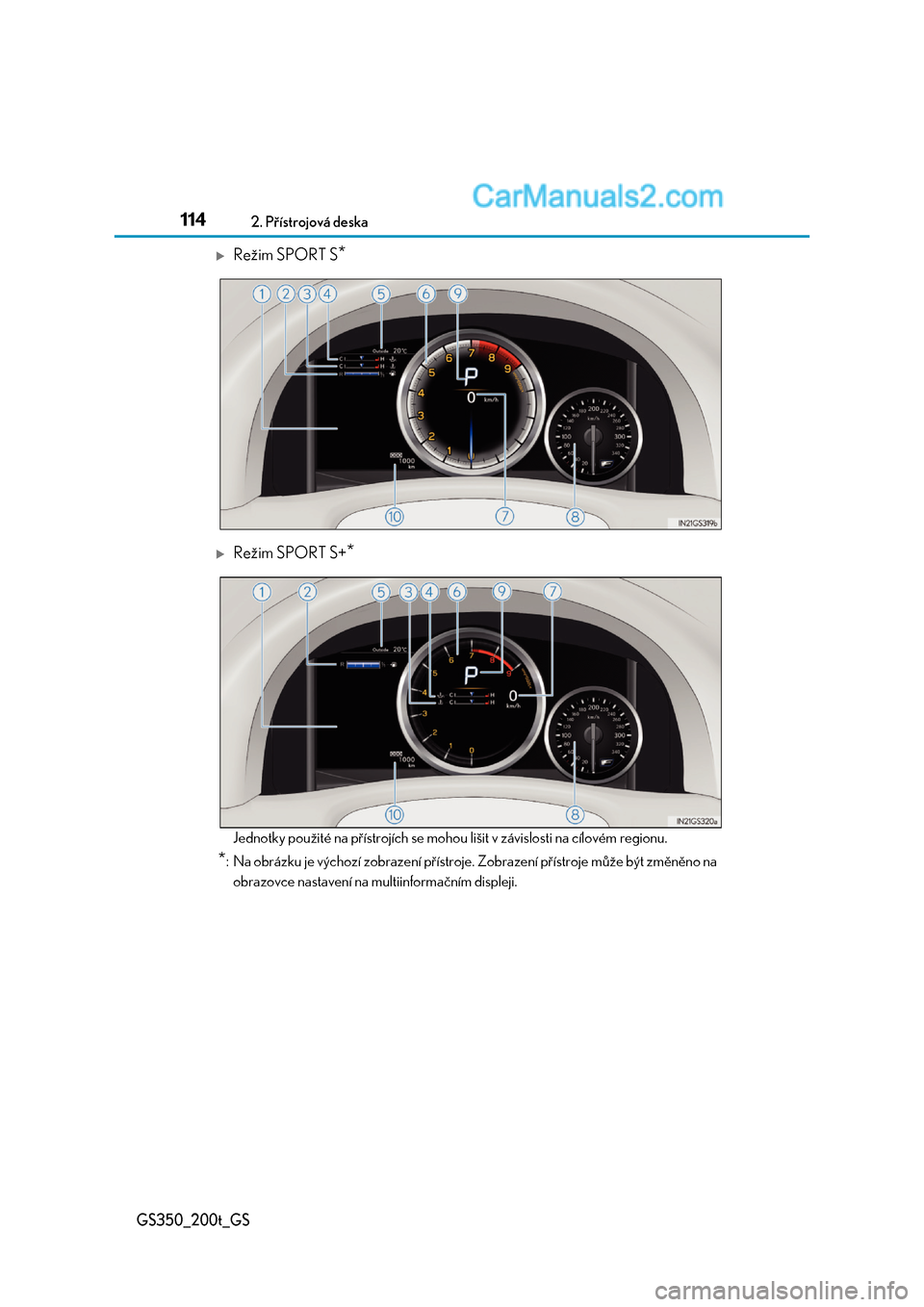 Lexus GS200t 2017  Návod k obsluze (in Czech) 1142. Přístrojová deska
GS350_200t_GS
Režim SPORT S*
Režim SPORT S+*
Jednotky použité na přístrojích se mohou lišit v závislosti na cílovém regionu.
*: Na obrázku je výchozí zob