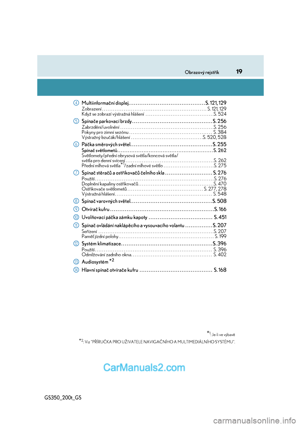 Lexus GS200t 2017  Návod k obsluze (in Czech) 19Obrazový rejstřík
GS350_200t_GS
Multiinformační displej. . . . . . . . . . . . . . . . . . . . . . . . . . . . . . . . . . . . . . . . . . S. 121, 129
Zobrazení . . . . . . . . . . . . . . . .