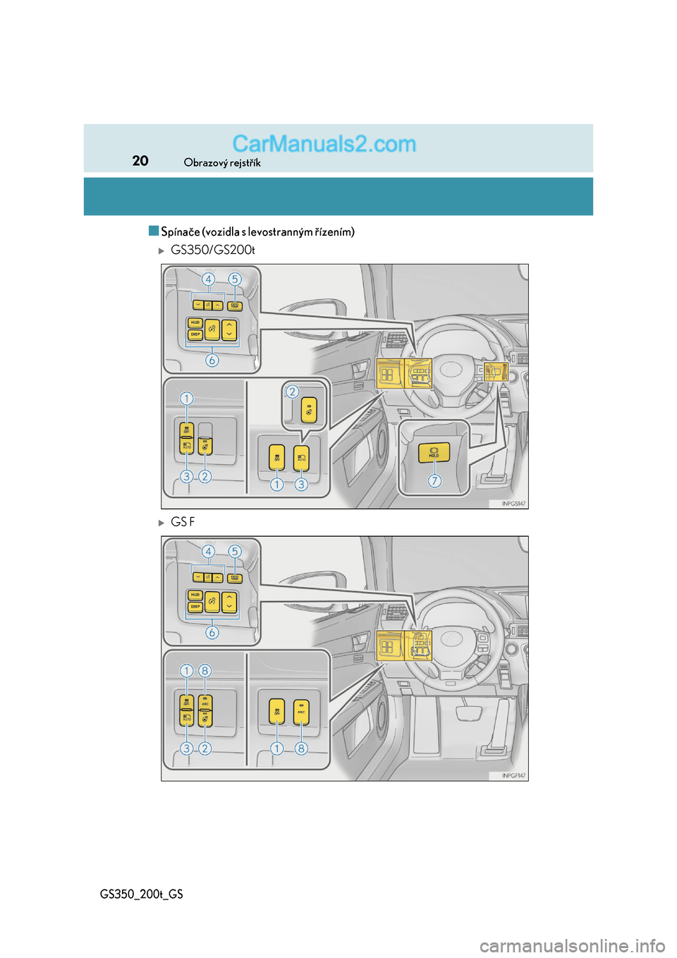 Lexus GS200t 2017  Návod k obsluze (in Czech) 20Obrazový rejstřík
GS350_200t_GS
■Spínače (vozidla s levostranným řízením)
GS350/GS200t
GS F  