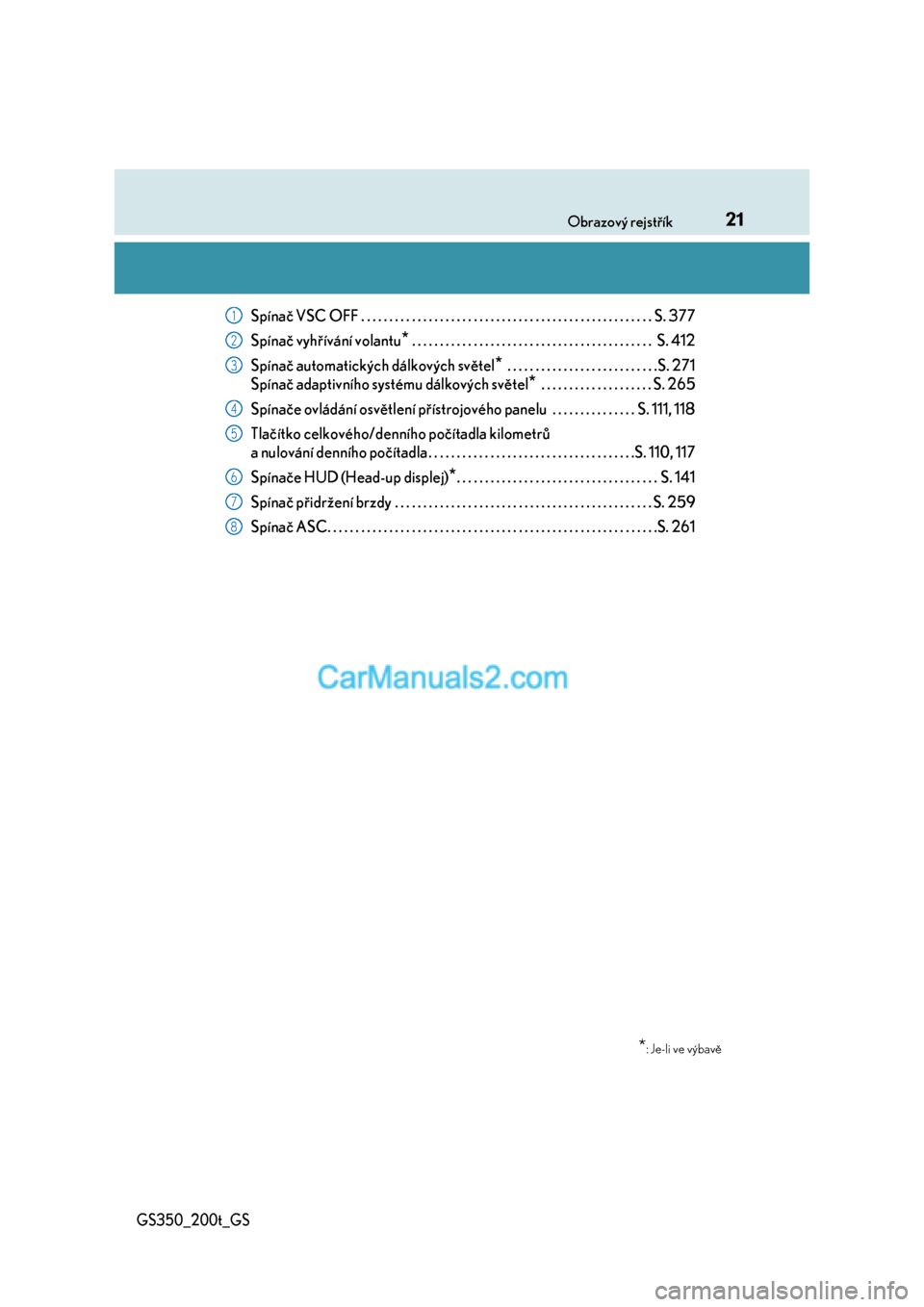 Lexus GS200t 2017  Návod k obsluze (in Czech) 21Obrazový rejstřík
GS350_200t_GS
Spínač VSC OFF . . . . . . . . . . . . . . . . . . . . . . . . . . . . . . . . . . . . . . . . . . . . . . . . . . . . S. 377
Spínač vyhřívání volantu
* . 
