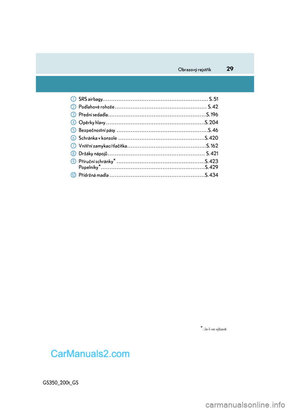 Lexus GS200t 2017  Návod k obsluze (in Czech) 29Obrazový rejstřík
GS350_200t_GS
SRS airbagy. . . . . . . . . . . . . . . . . . . . . . . . . . . . . . . . . . . . . . . . . . . . . . . . . . . . . . . . . . . .  S. 51
Podlahové rohože . . . 