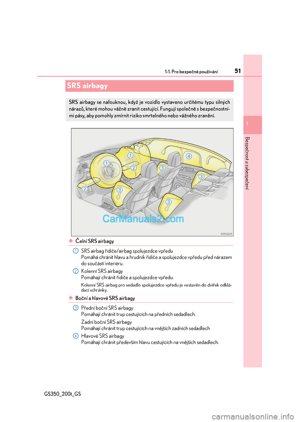 Lexus GS200t 2017  Návod k obsluze (in Czech) 511-1. Pro bezpečné používání
1
GS350_200t_GS
Bezpečnost a zabezpečení
SRS airbagy
◆Čelní SRS airbagy 
SRS airbag řidiče/airbag spolujezdce vpředu 
Pomáhá chránit hlavu a hrudník �