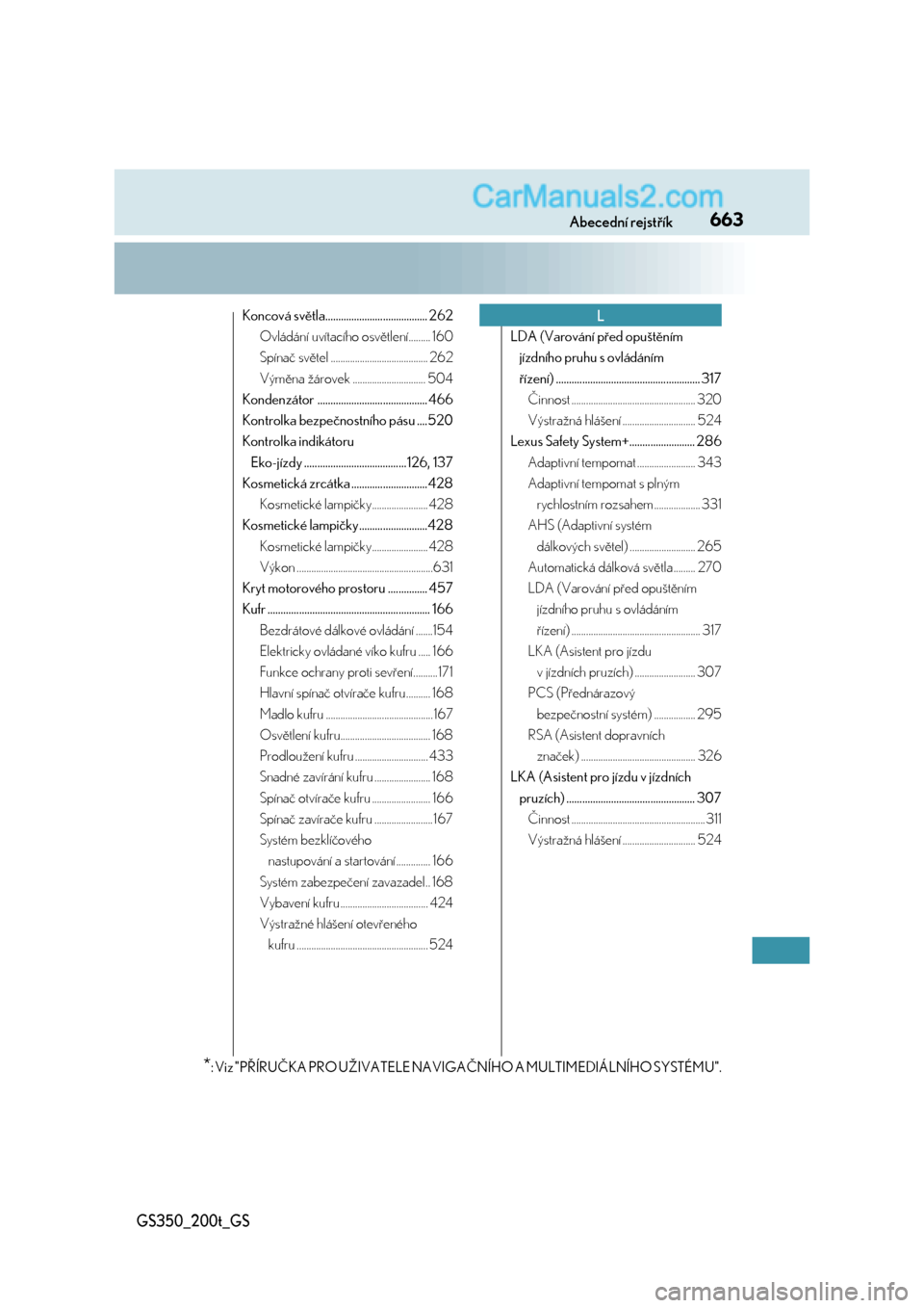 Lexus GS200t 2017  Návod k obsluze (in Czech) 663Abecední rejstřík
GS350_200t_GS
Koncová světla....................................... 262
Ovládání uvítacího osvětlení......... 160
Spínač světel ....................................