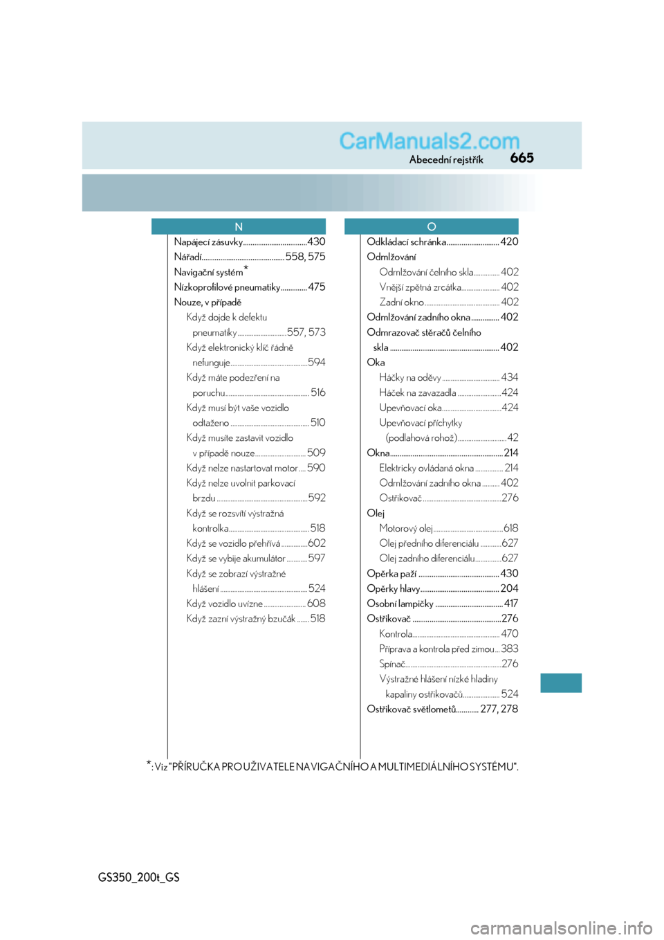 Lexus GS200t 2017  Návod k obsluze (in Czech) 665Abecední rejstřík
GS350_200t_GS
Napájecí zásuvky..................................430
Nářadí............................................ 558, 575
Navigační systém
*
Nízkoprofilové pne
