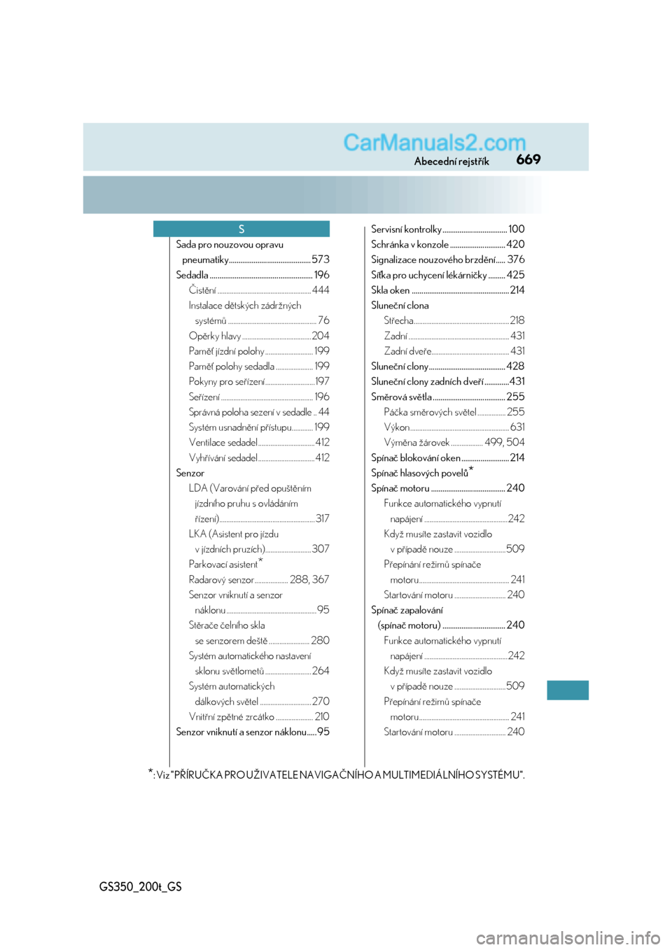 Lexus GS200t 2017  Návod k obsluze (in Czech) 669Abecední rejstřík
GS350_200t_GS
Sada pro nouzovou opravu 
pneumatiky........................................... 573
Sedadla ...................................................... 196
Čistění 