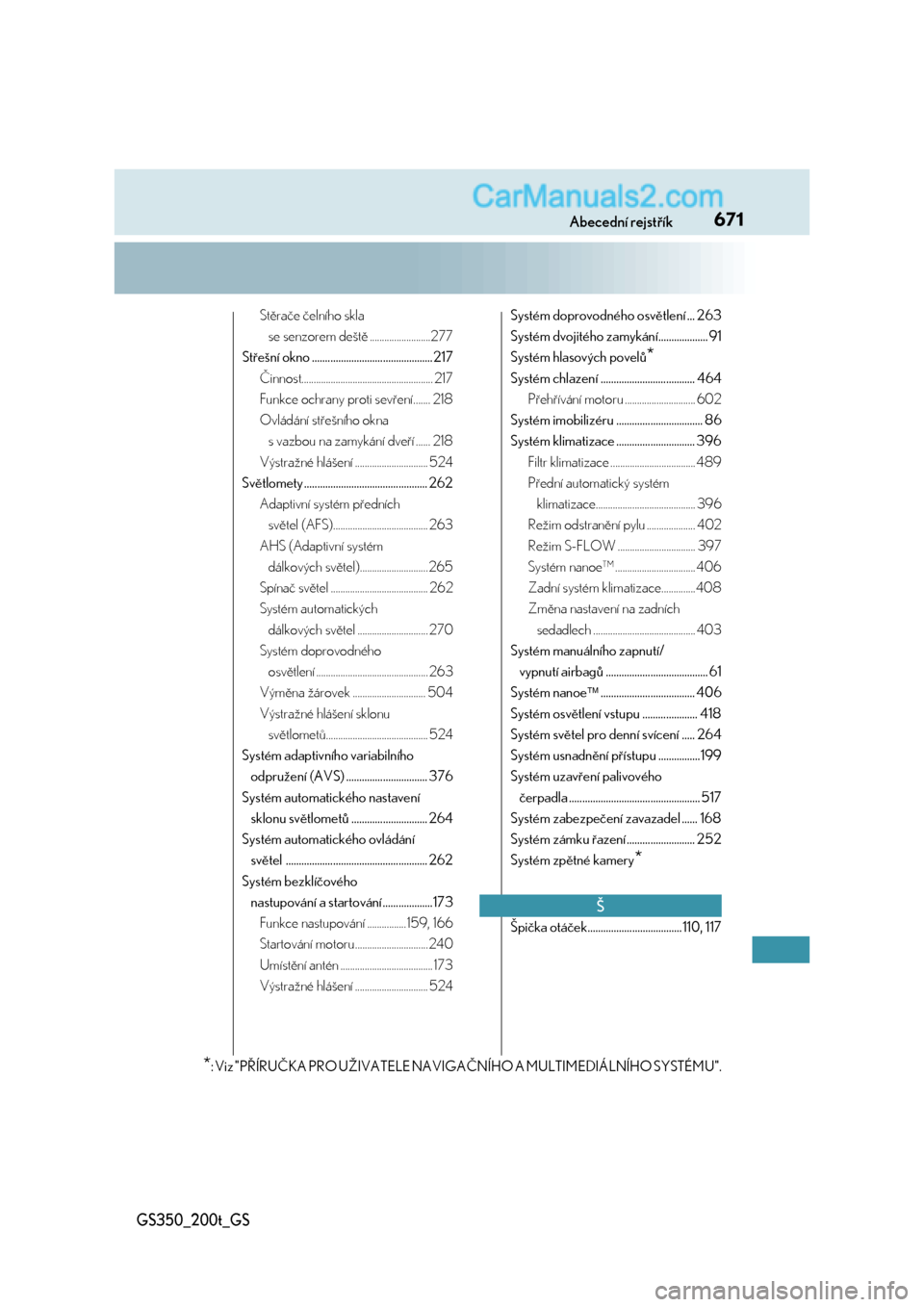 Lexus GS200t 2017  Návod k obsluze (in Czech) 671Abecední rejstřík
GS350_200t_GS
Stěrače čelního skla 
se senzorem deště .........................277
Střešní okno ..............................................217
Činnost.............