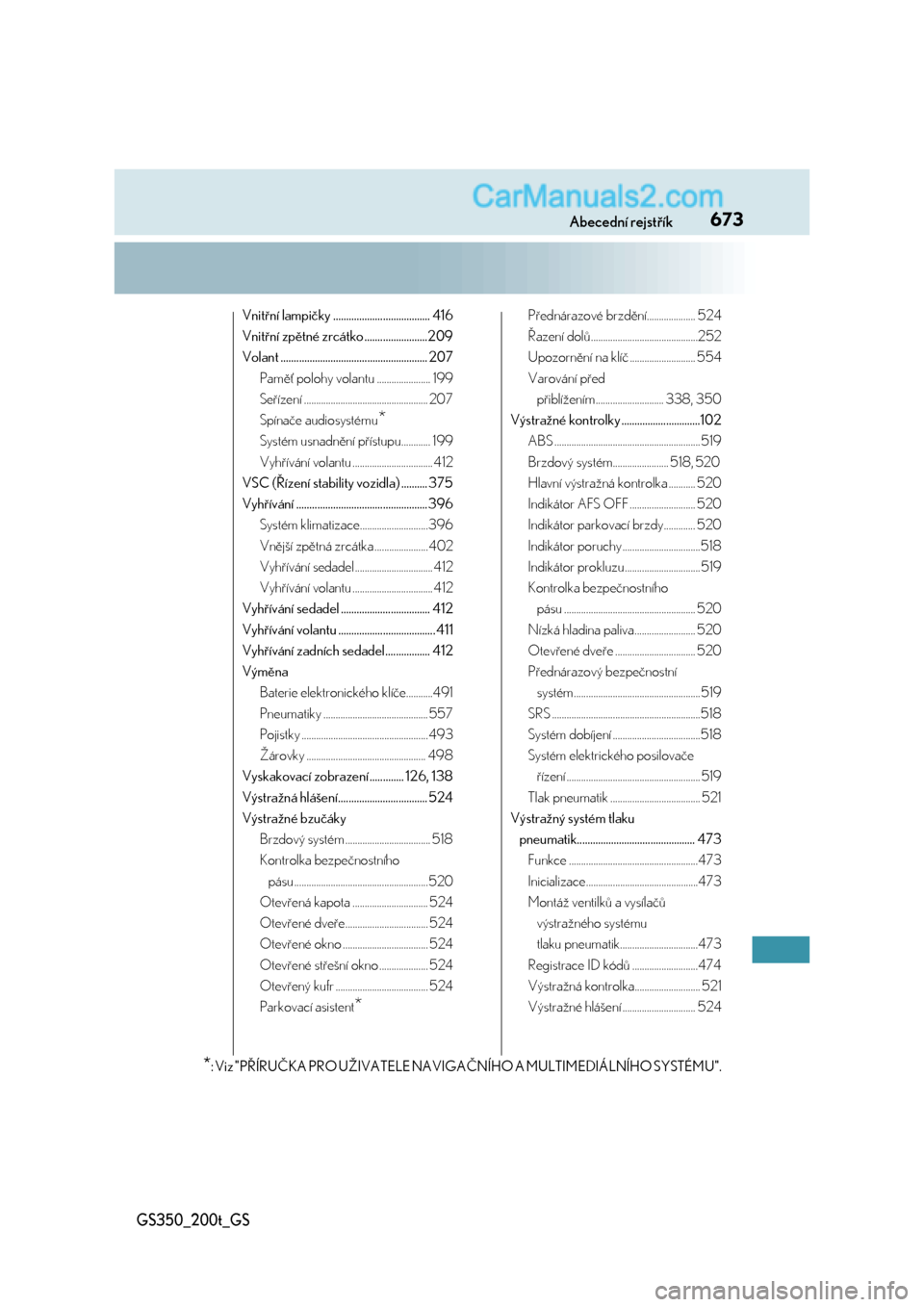 Lexus GS200t 2017  Návod k obsluze (in Czech) 673Abecední rejstřík
GS350_200t_GS
Vnitřní lampičky ..................................... 416
Vnitřní zpětné zrcátko ........................209
Volant .....................................